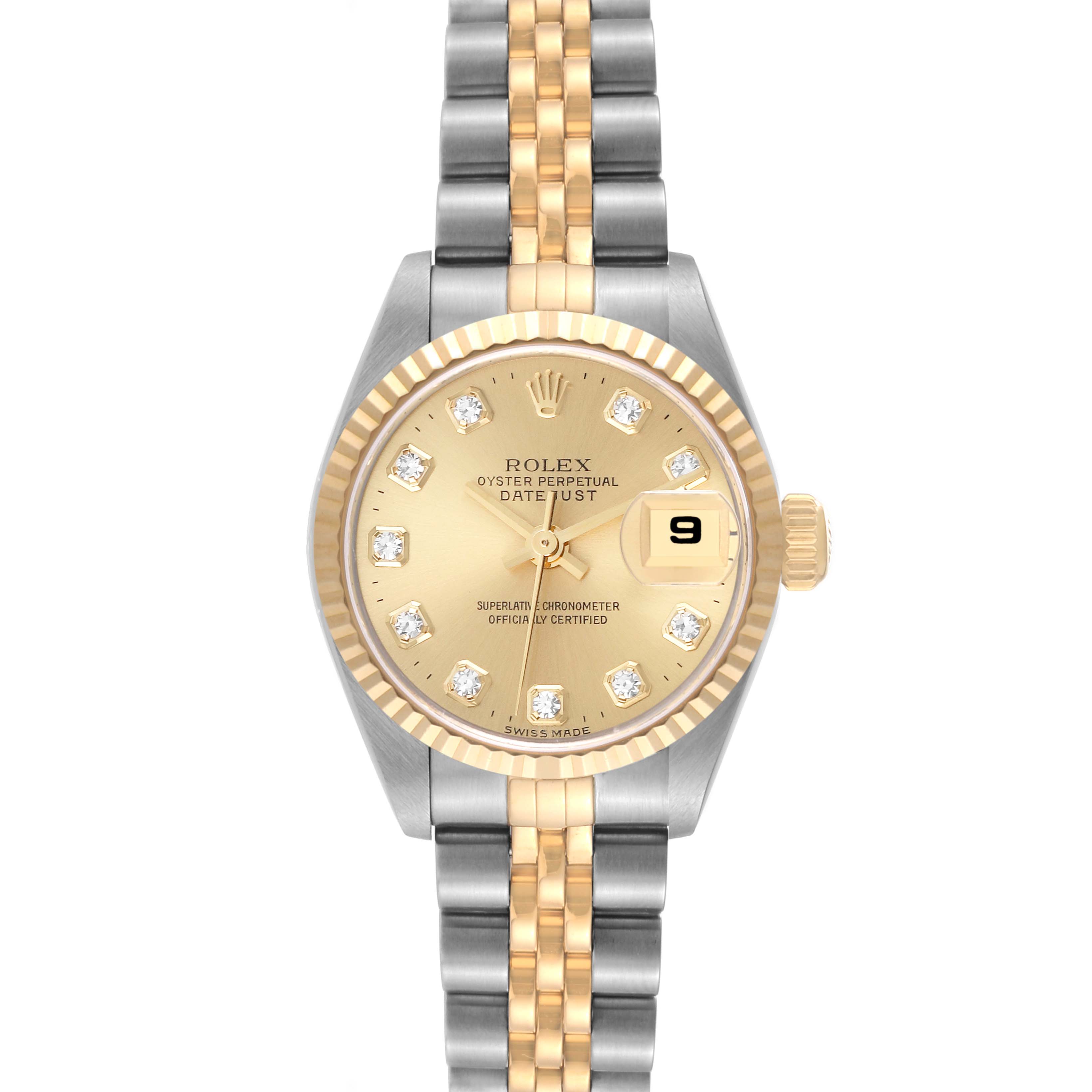 Front view of a Rolex Datejust 79173G Women's Steel and Gold (two tone) Champagne Dial 79173G Women's Steel and Gold (two tone) Champagne Dial watch featuring a gold bezel, champagne dial, diamond markers, and a two-tone bracelet.