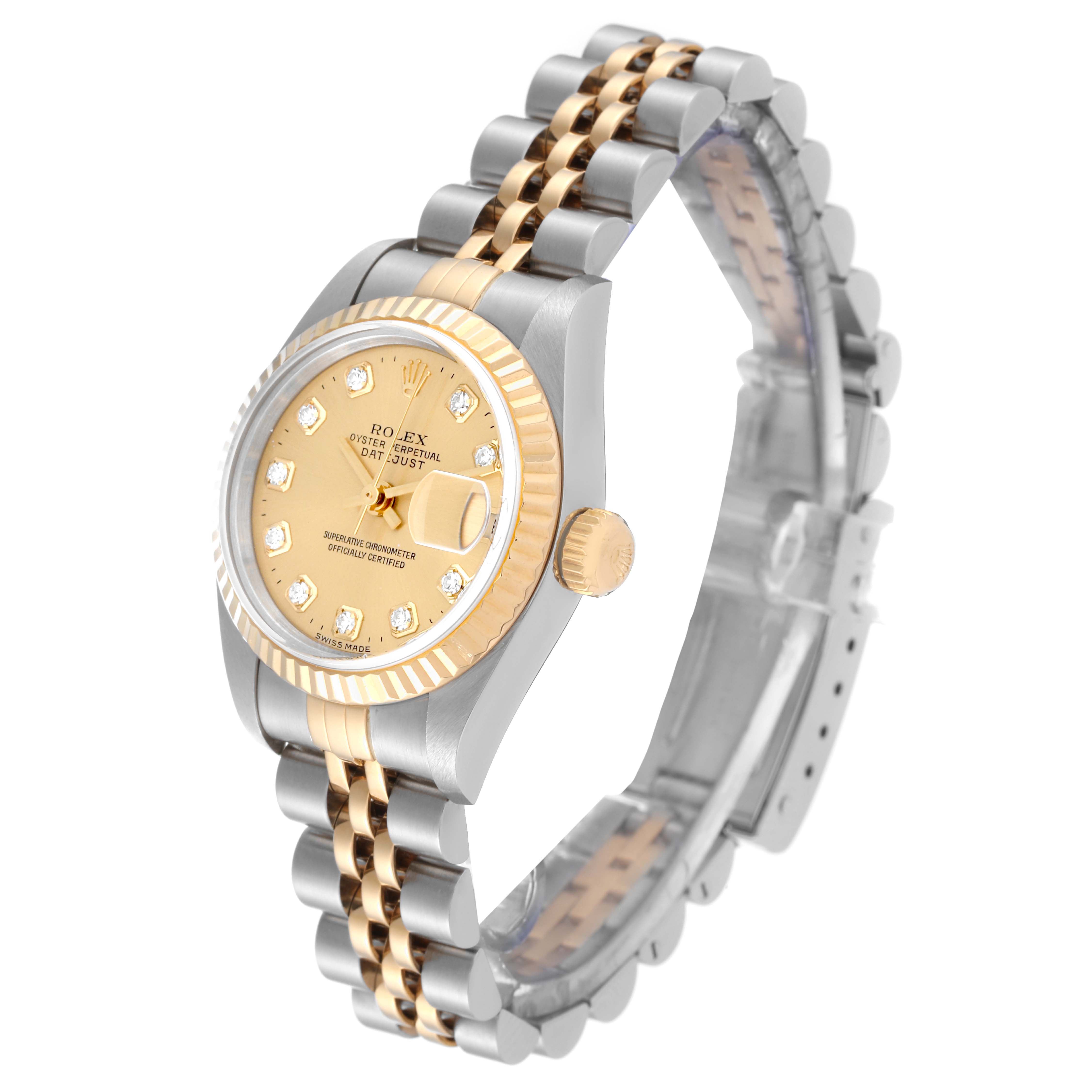 The Rolex Datejust 79173G Women's Steel and Gold (two tone) Champagne Dial 79173G Women's Steel and Gold (two tone) Champagne Dial watch is shown at an angled perspective, displaying the dial, bezel, crown, and part of the bracelet.