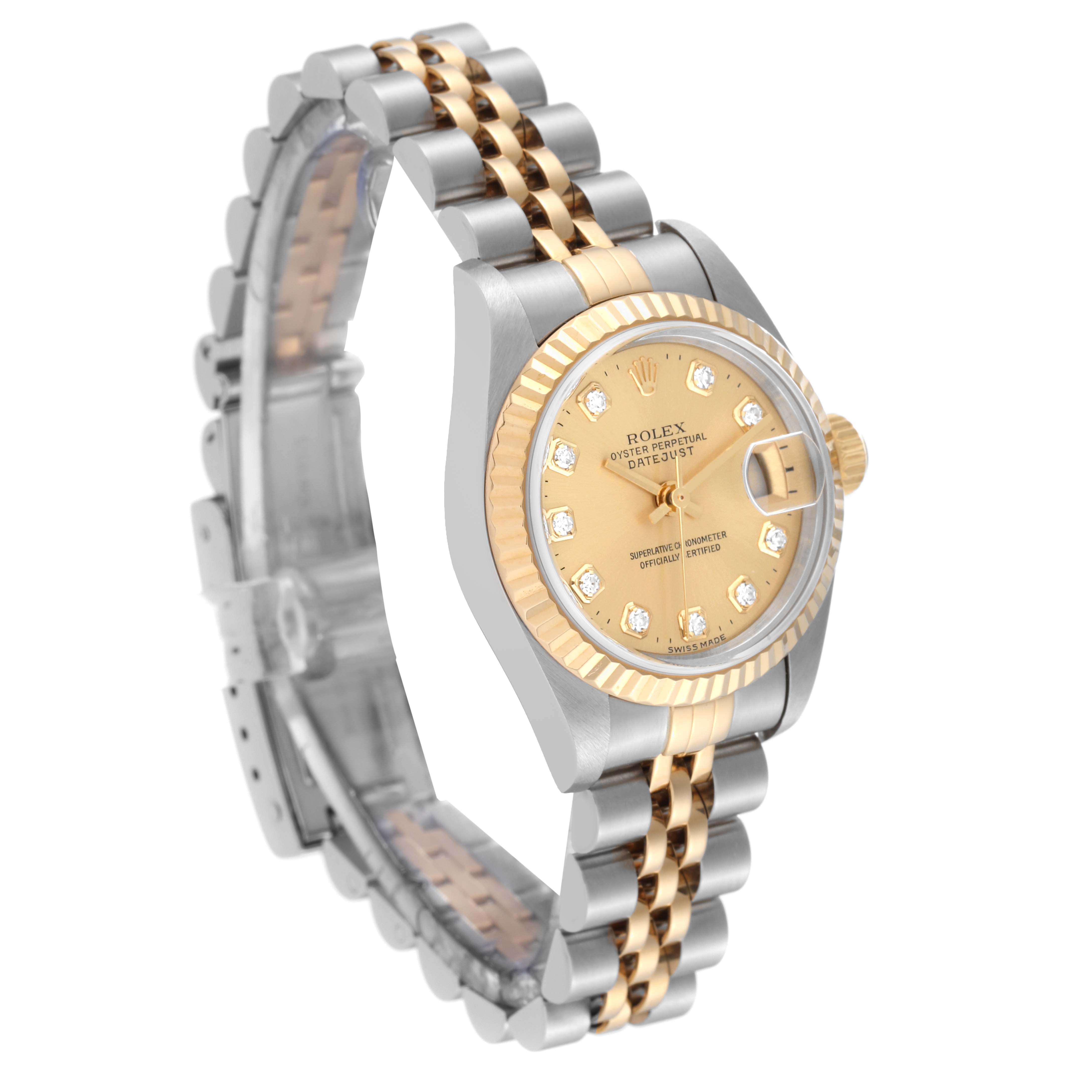 The Rolex Datejust 79173G Women's Steel and Gold (two tone) Champagne Dial 79173G Women's Steel and Gold (two tone) Champagne Dial watch is shown at a slight angle, displaying the face, fluted bezel, crown, and Jubilee bracelet.