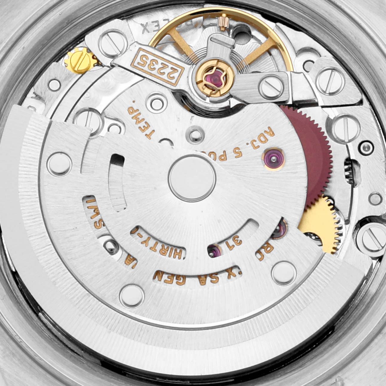 The image shows a close-up view of the movement mechanism inside a Rolex Datejust 79173G Women's Steel and Gold (two tone) Champagne Dial 79173G Women's Steel and Gold (two tone) Champagne Dial model watch.