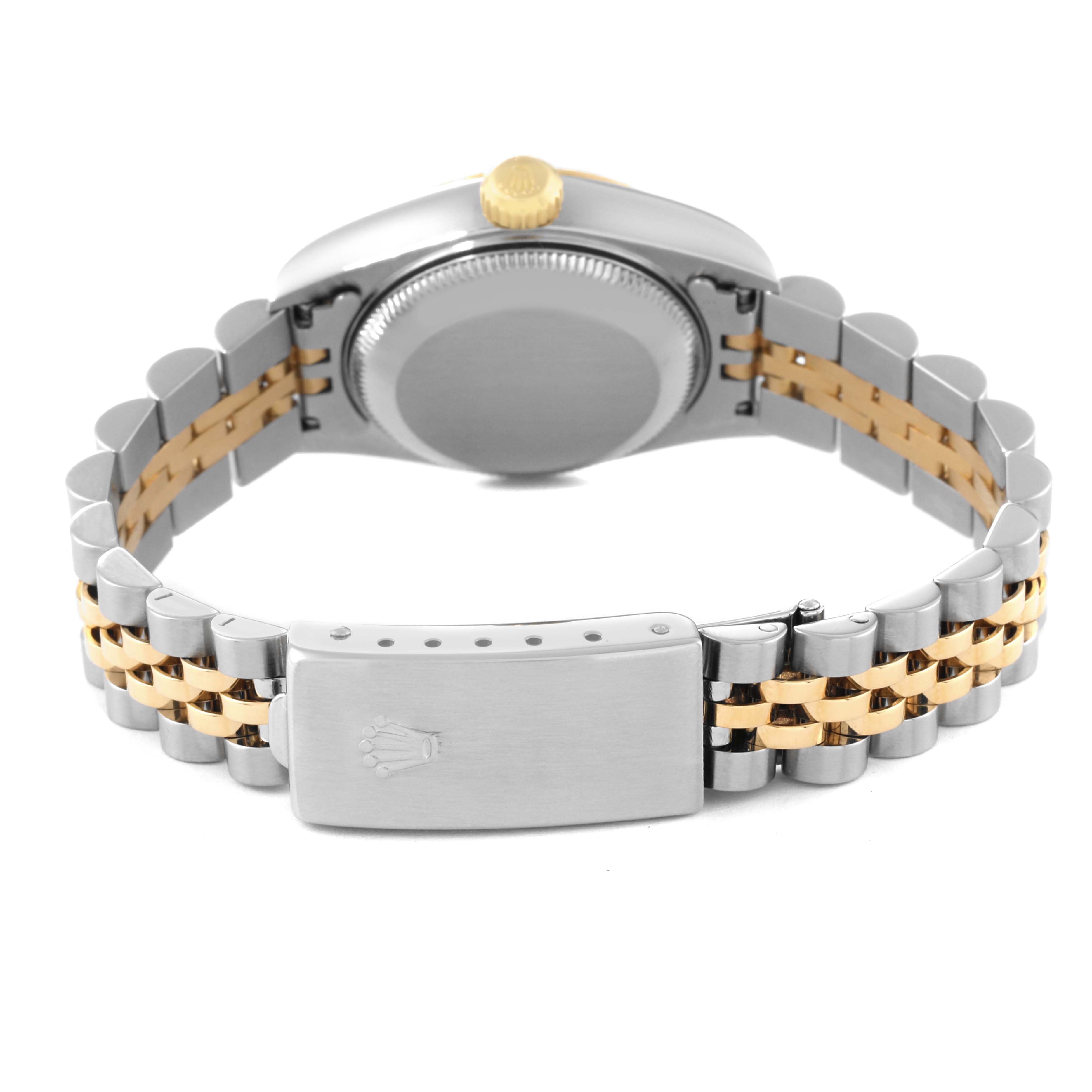 The image shows the back view of a Rolex Datejust 79173G Women's Steel and Gold (two tone) Champagne Dial 79173G Women's Steel and Gold (two tone) Champagne Dial watch, highlighting its stainless steel and gold bracelet and closed clasp.