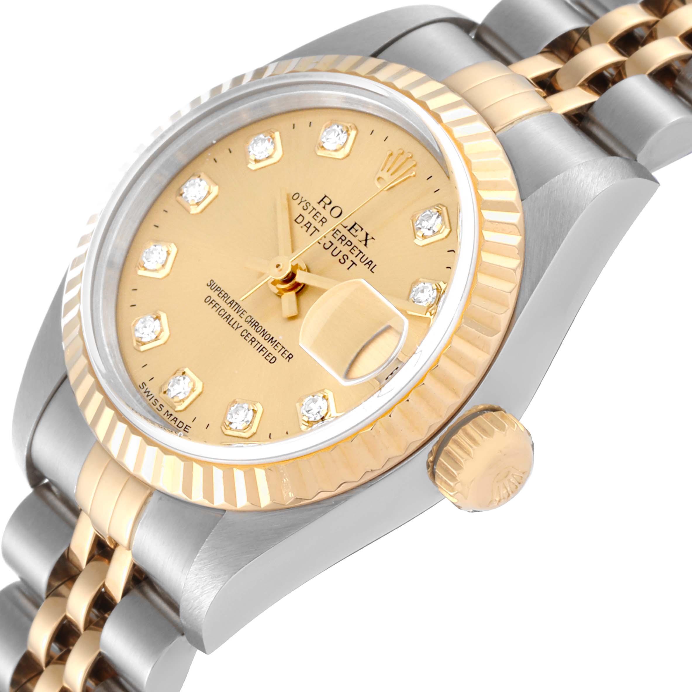 The image shows a close-up, angled view of a Rolex Datejust 79173G Women's Steel and Gold (two tone) Champagne Dial 79173G Women's Steel and Gold (two tone) Champagne Dial watch featuring the dial, bezel, crown, and part of the bracelet.