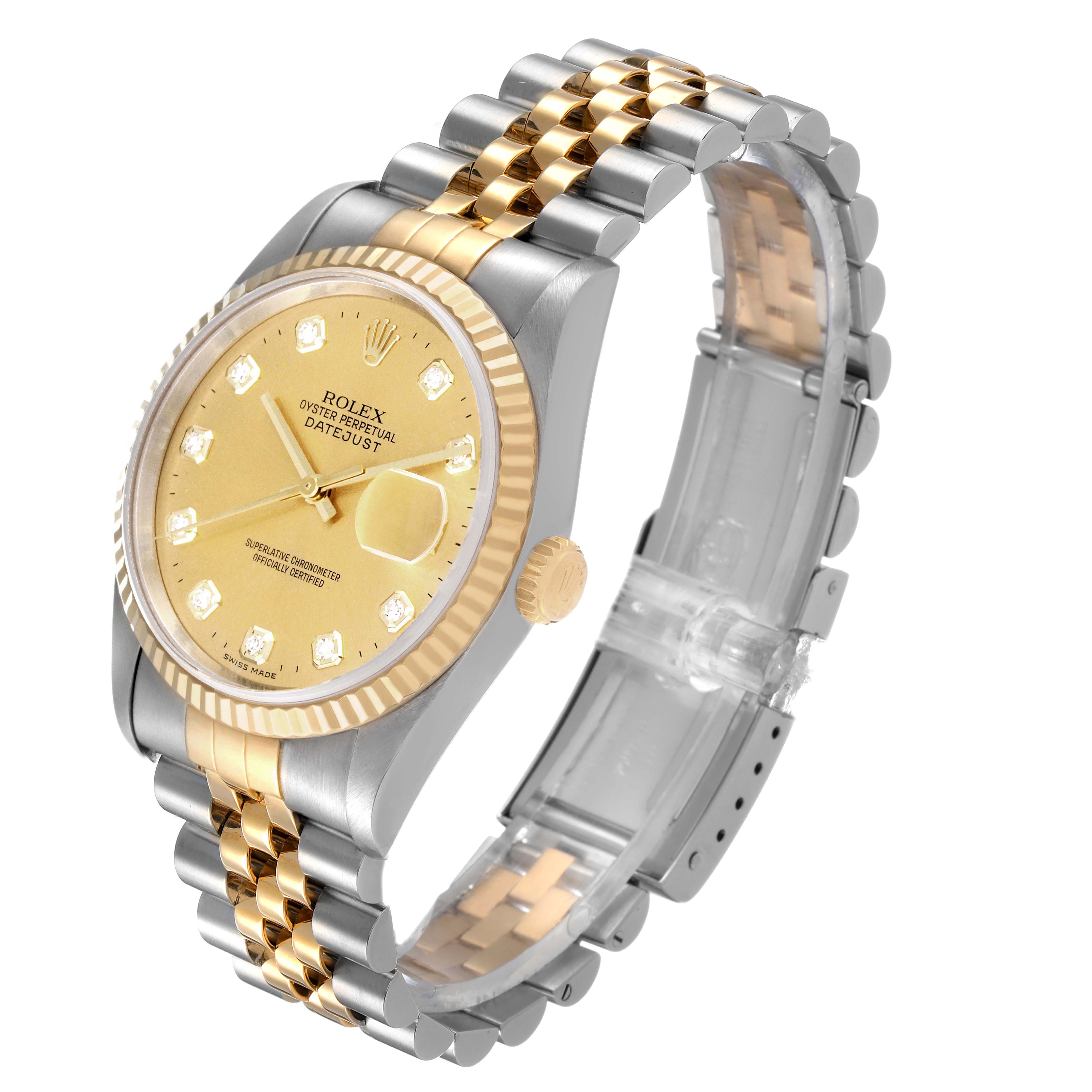 The Rolex Datejust 16233 Men's Steel and Gold (two tone) Champagne Dial watch is shown at a three-quarter angle, highlighting the dial, bezel, crown, and bracelet.