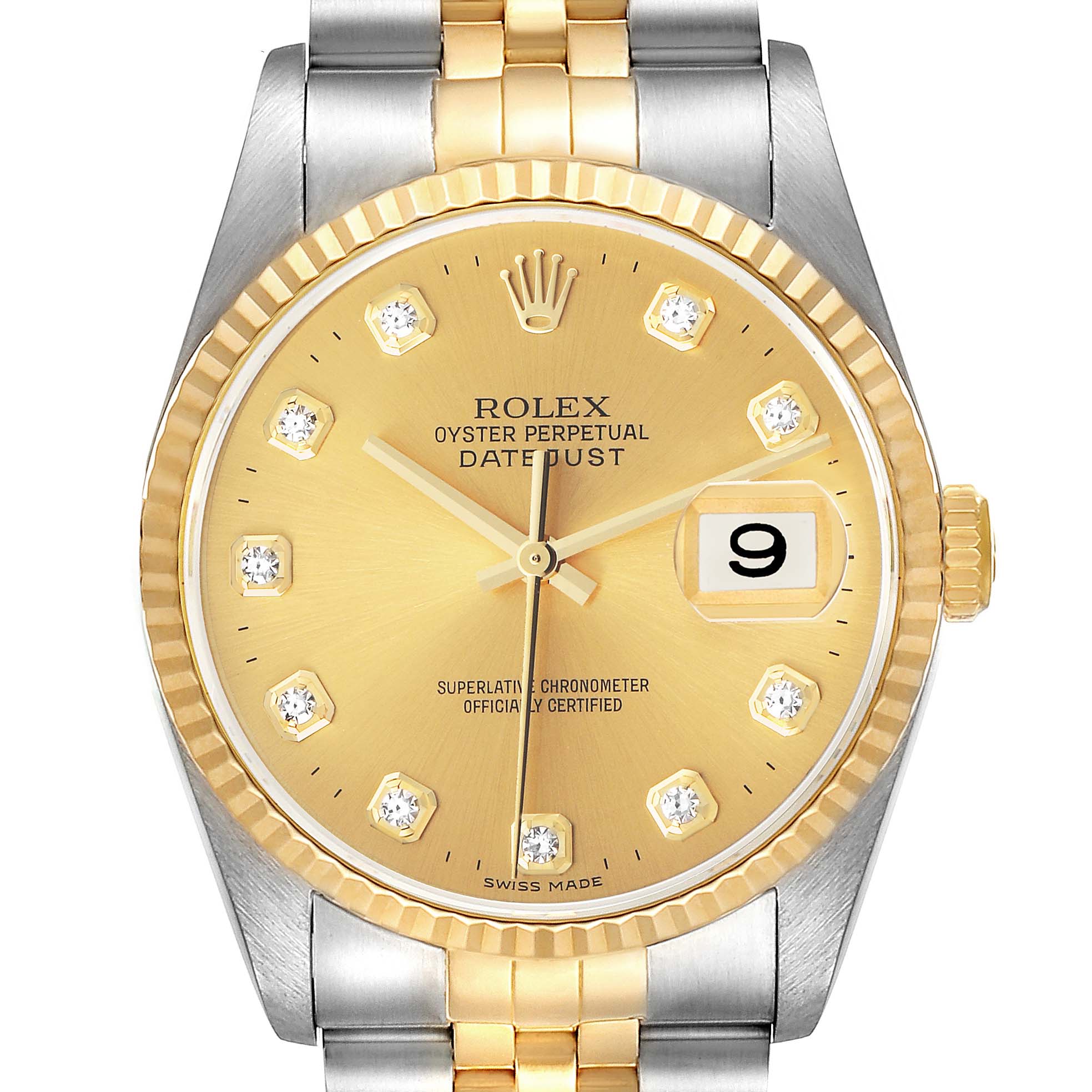 The image shows a frontal view of a Rolex Datejust 16233 Men's Steel and Gold (two tone) Champagne Dial, highlighting its gold dial, diamond hour markers, and two-tone bracelet.