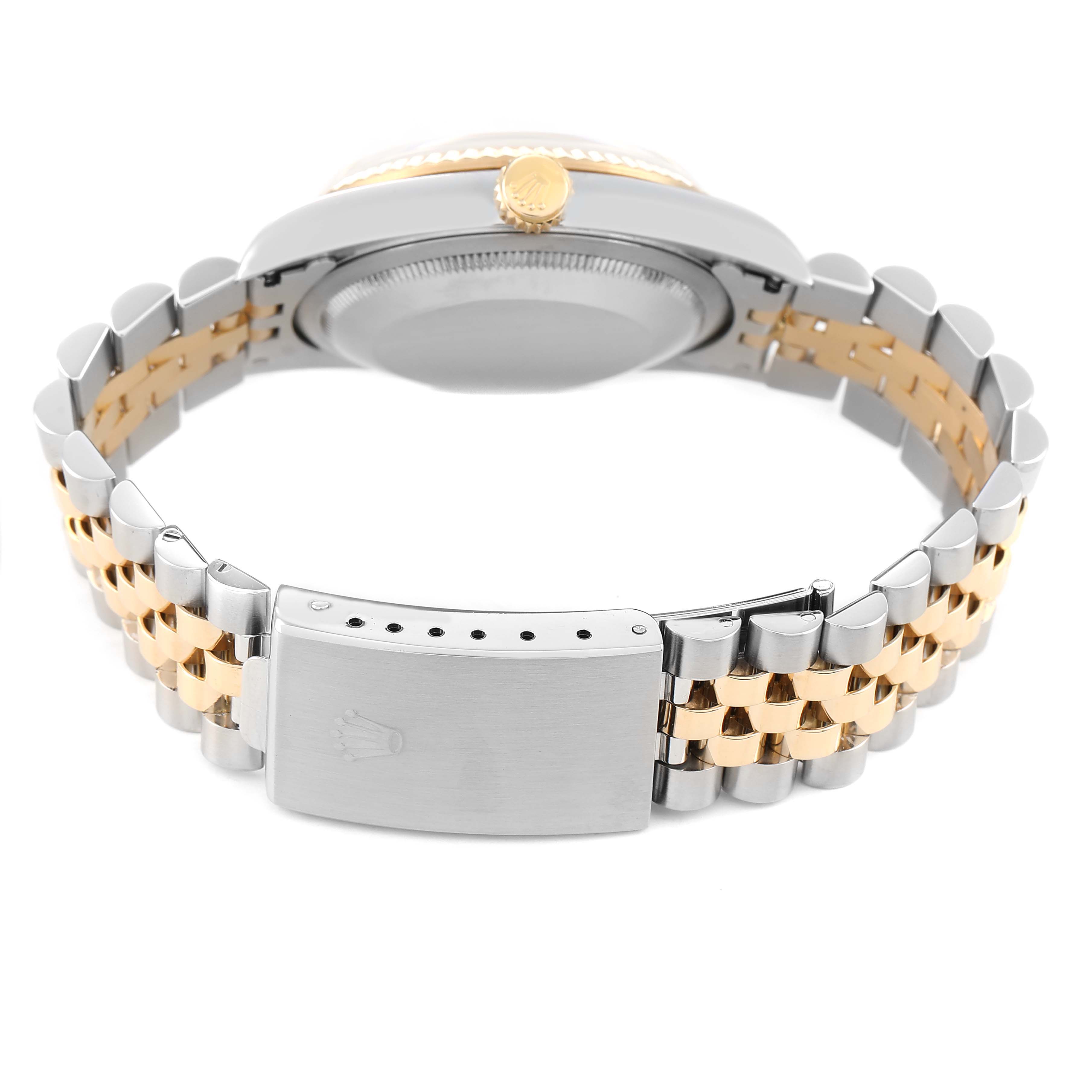 The image shows a Rolex Datejust 16233 Men's Steel and Gold (two tone) Champagne Dial watch from the back, highlighting its clasp, bracelet, and partial case.