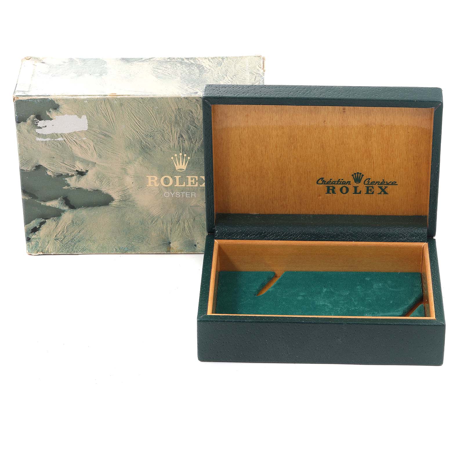 The image shows an open and empty Rolex Datejust 16233 Men's Steel and Gold (two tone) Champagne Dial 16233 Men's Steel and Gold (two tone) Champagne Dial watch box and its outer packaging from a frontal angle.