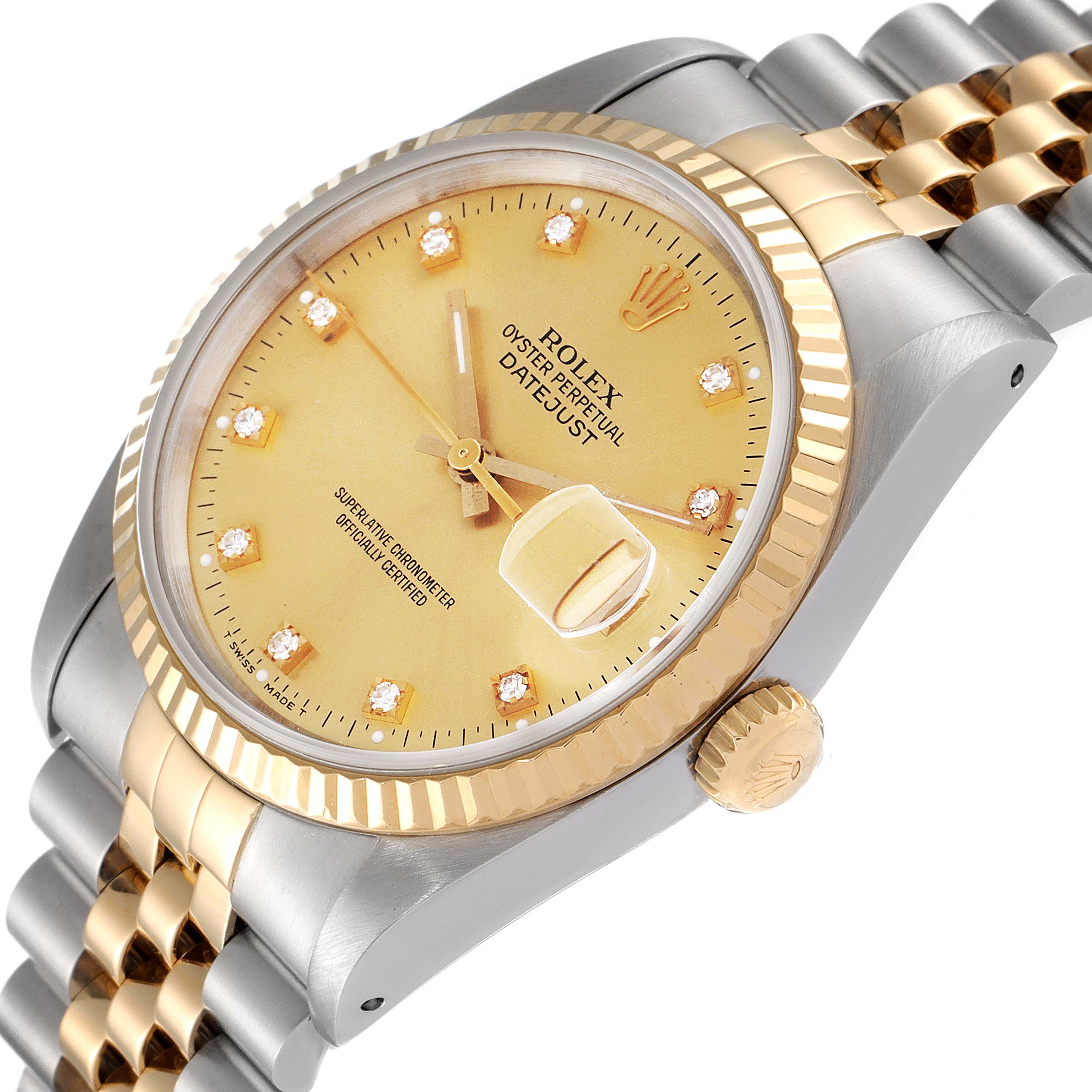 The Rolex Datejust 16233 Men's Steel and Gold (two tone) Champagne Dial 16233 Men's Steel and Gold (two tone) Champagne Dial watch is shown from a tilted angle, highlighting the gold dial, fluted bezel, and two-tone Jubilee bracelet.