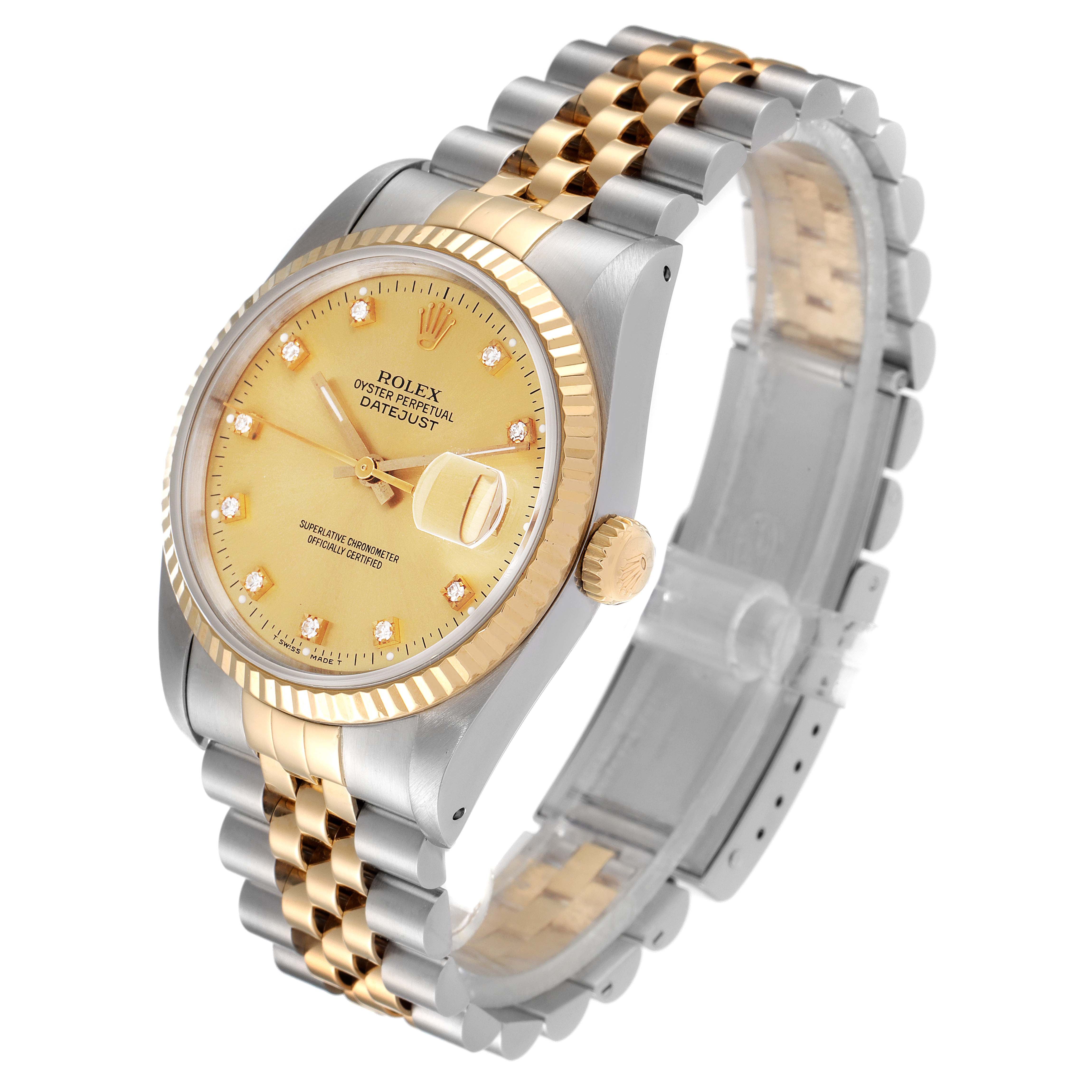 This Rolex Datejust 16233 Men's Steel and Gold (two tone) Champagne Dial 16233 Men's Steel and Gold (two tone) Champagne Dial watch is shown at an angled view displaying the dial, bracelet, crown, and bezel.