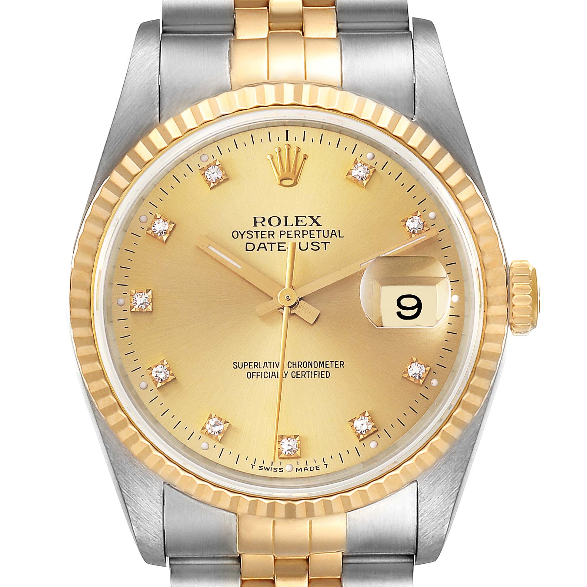 This image shows a front view of a Rolex Datejust 16233 Men's Steel and Gold (two tone) Champagne Dial 16233 Men's Steel and Gold (two tone) Champagne Dial watch, highlighting the gold dial, diamond hour markers, and two-tone bracelet.