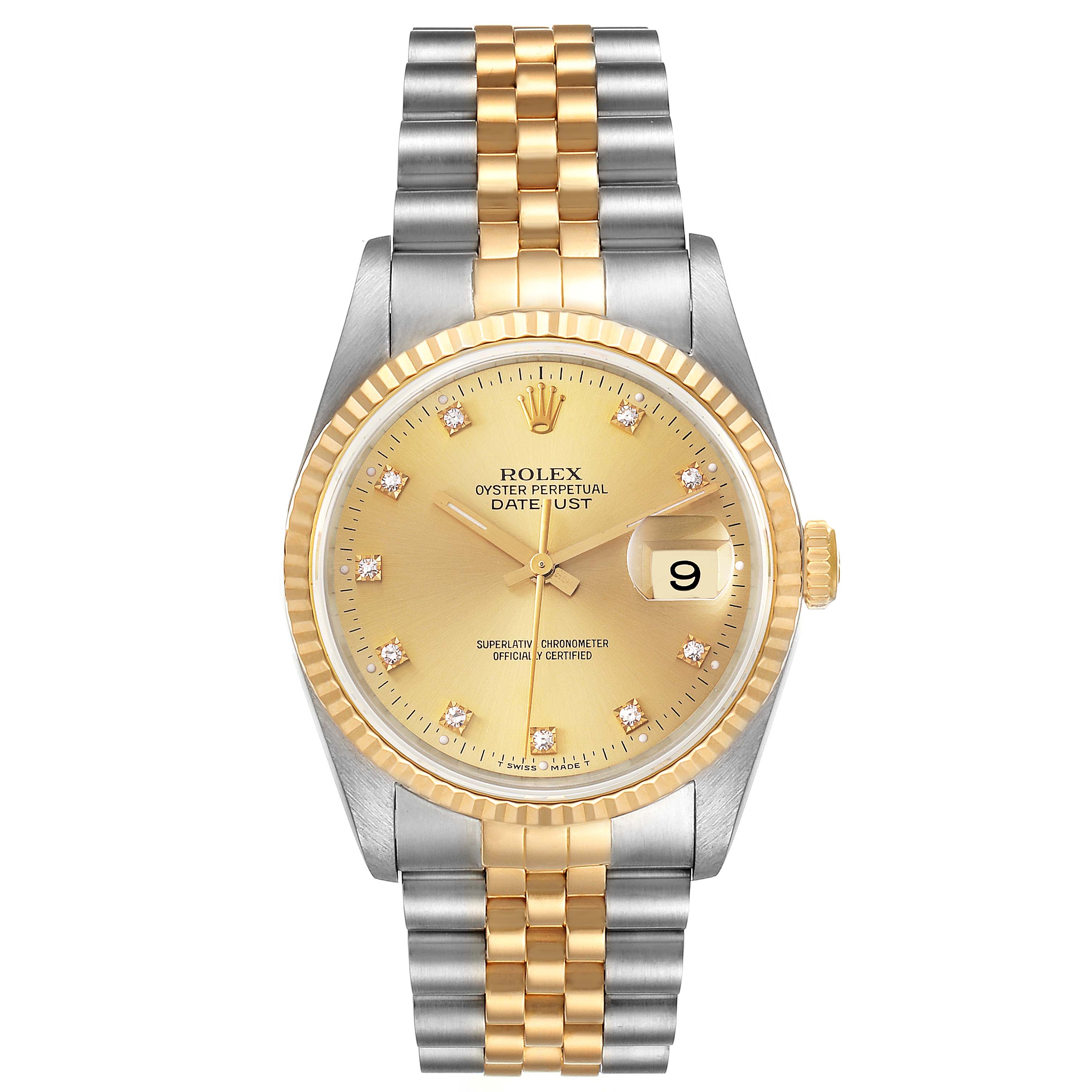 This image shows a front view of a Rolex Datejust 16233 Men's Steel and Gold (two tone) Champagne Dial 16233 Men's Steel and Gold (two tone) Champagne Dial watch, featuring its dial, bezel, crown, and two-tone bracelet.