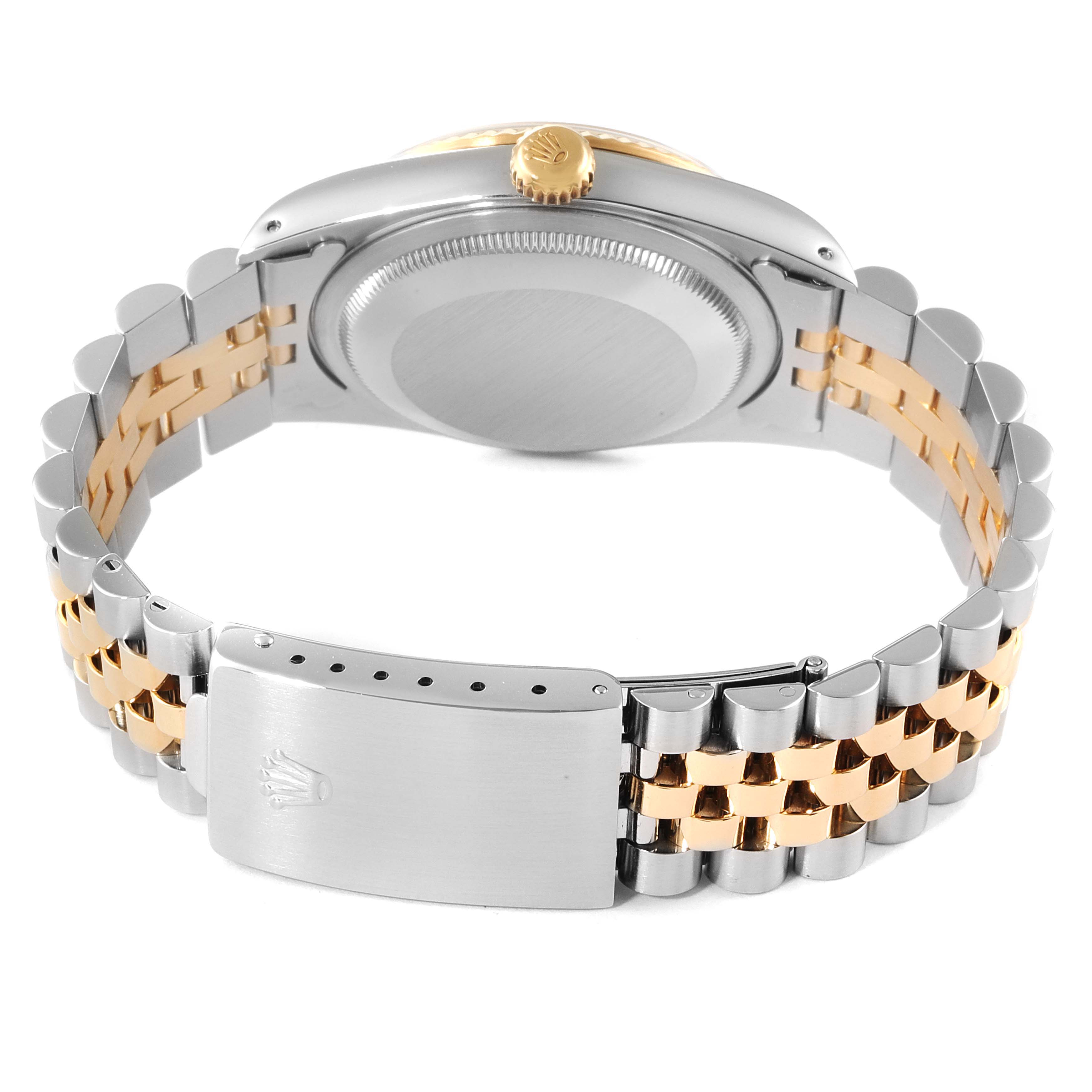 This image shows the back view of a Rolex Datejust 16233 Men's Steel and Gold (two tone) Champagne Dial 16233 Men's Steel and Gold (two tone) Champagne Dial watch, focusing on its bracelet and clasp.