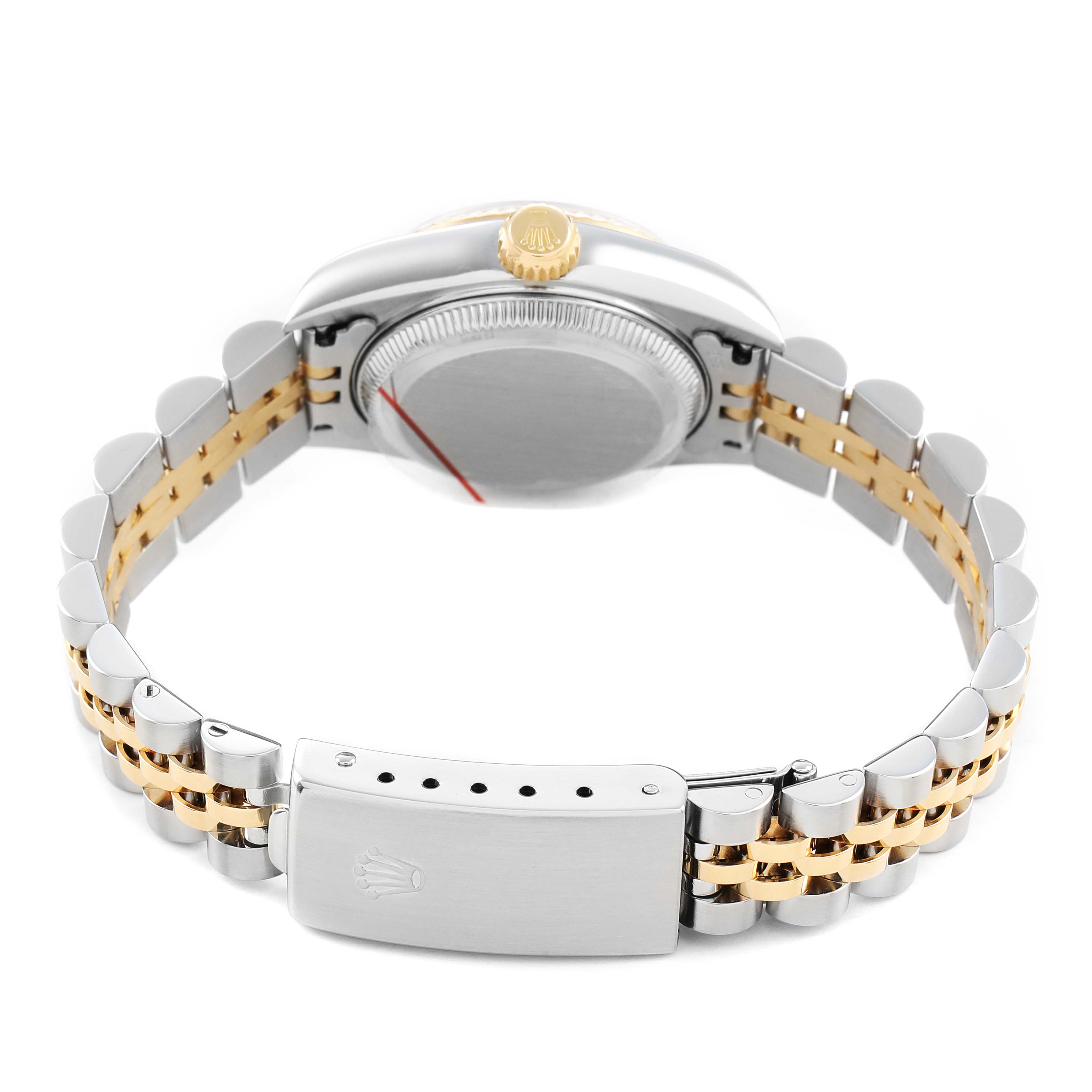 The image shows a rear view of the Rolex Datejust 79173 Women's Steel and Gold (two tone) Beige Dial watch, focusing on the clasp and bracelet.