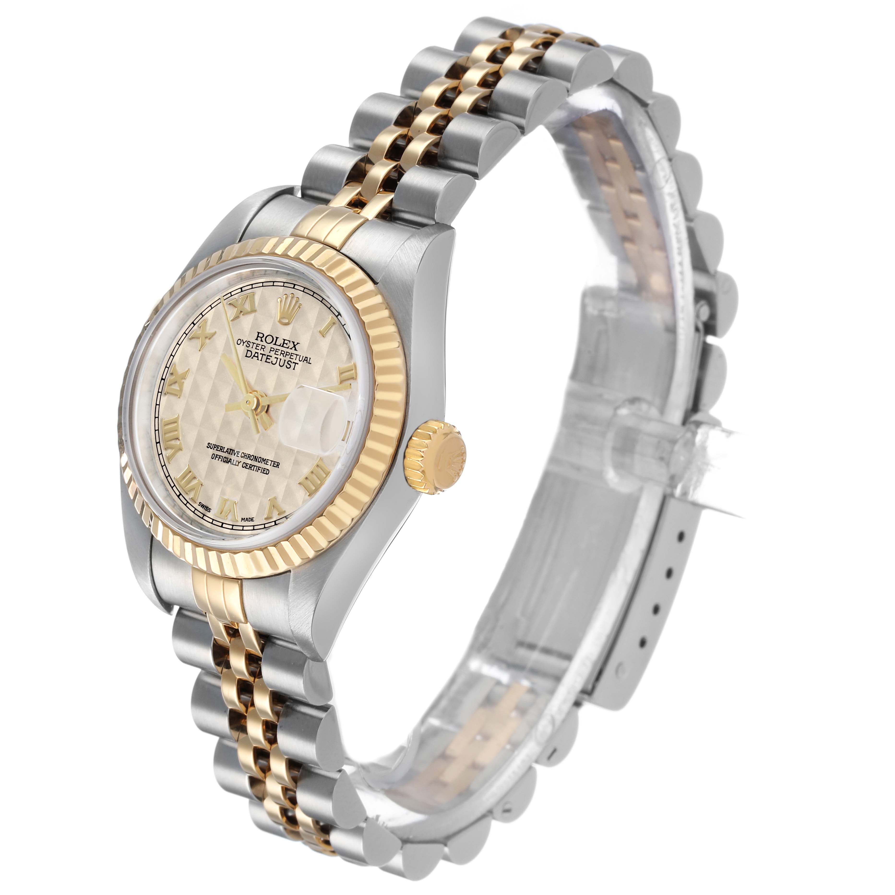 The Rolex Datejust 79173 Women's Steel and Gold (two tone) Beige Dial watch is shown from a three-quarter angle, highlighting its face, fluted bezel, two-tone bracelet, and crown.
