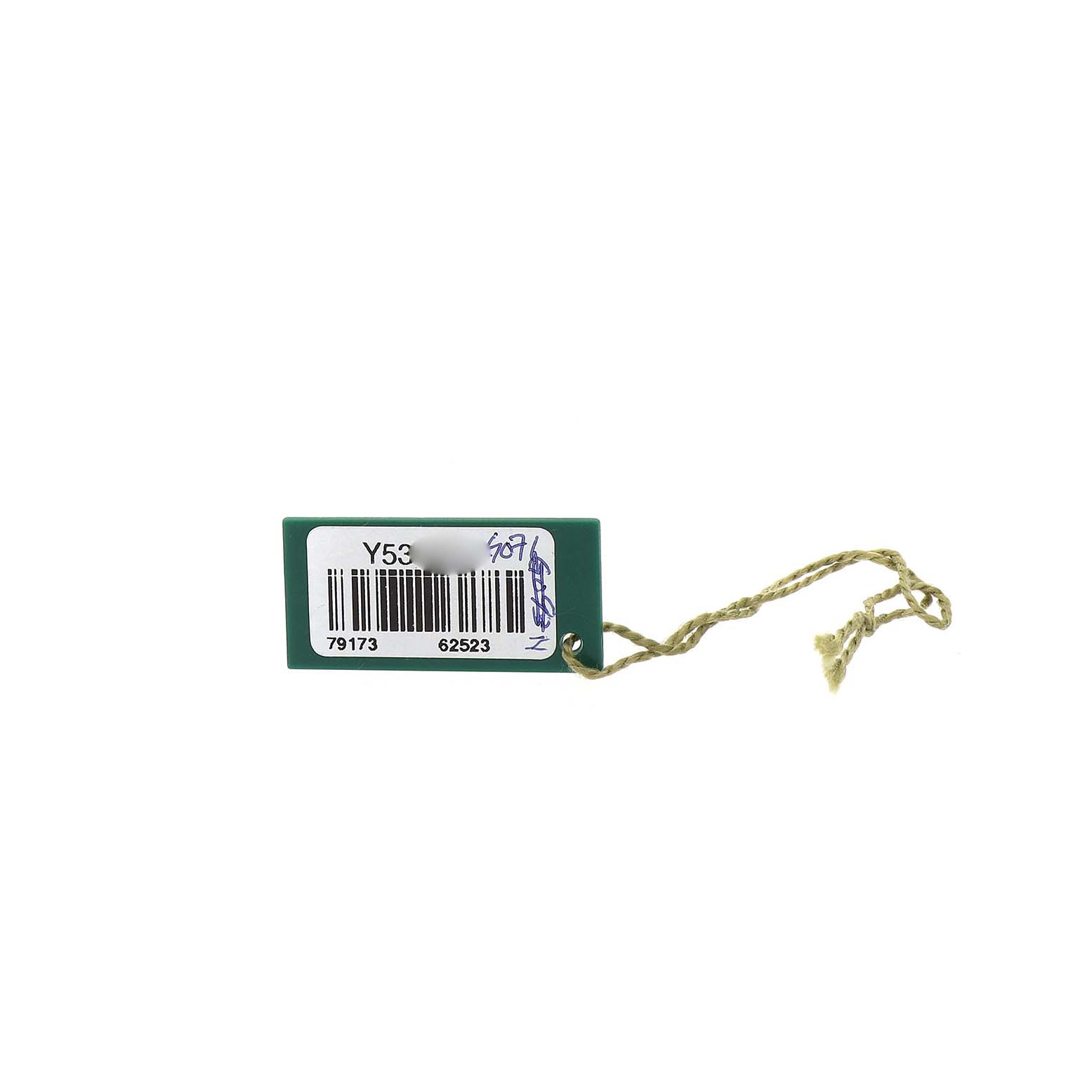 The image shows a green Rolex Datejust 79173 Women's Steel and Gold (two tone) Beige Dial tag with a beige string and a barcode, viewed from the front.