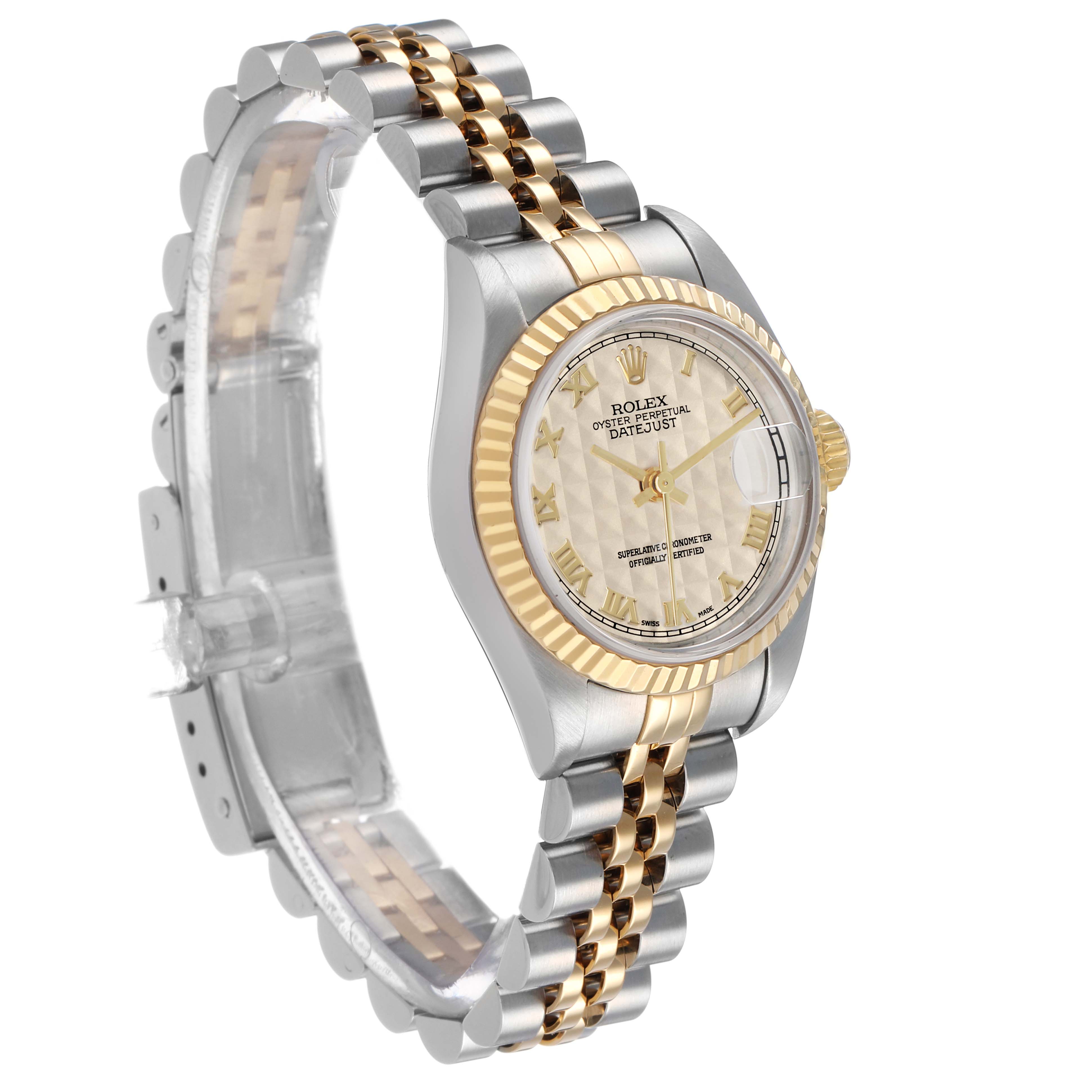 The image shows a side view of the Rolex Datejust 79173 Women's Steel and Gold (two tone) Beige Dial, highlighting its bezel, dial, and Jubilee bracelet.