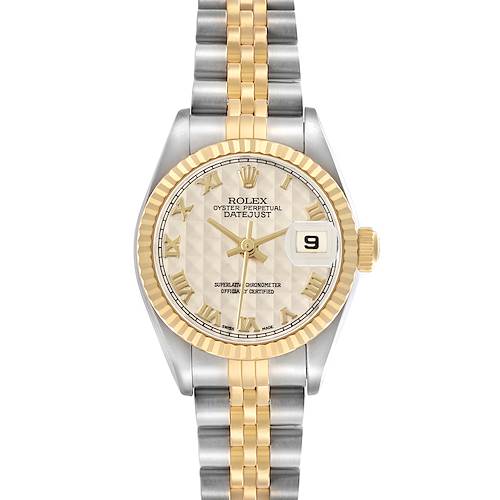 The Rolex Datejust 79173 Women's Steel and Gold (two tone) Beige Dial watch is shown from a top-down angle, highlighting its bezel, dial, and two-tone bracelet.