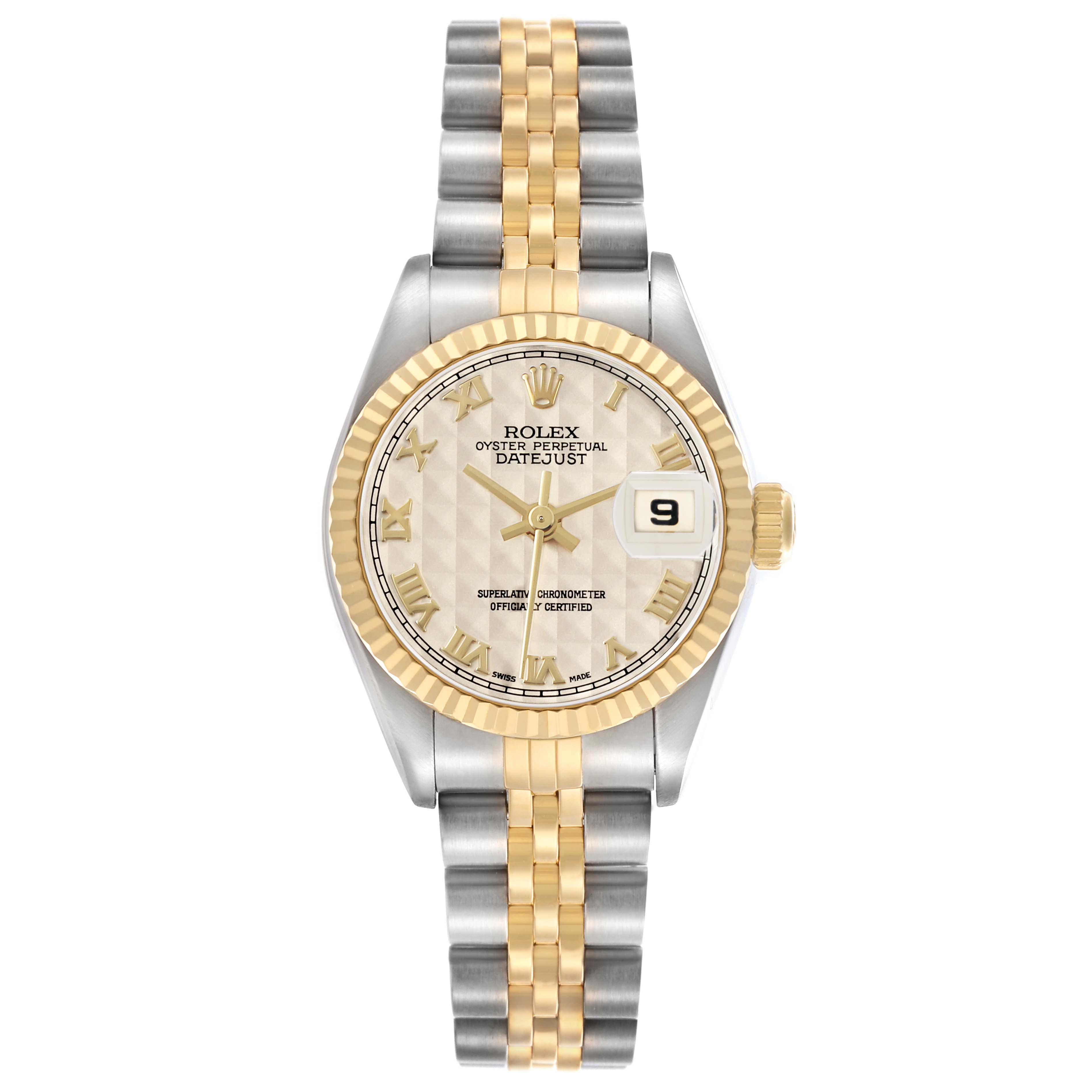 The Rolex Datejust 79173 Women's Steel and Gold (two tone) Beige Dial watch is shown from a top-down angle, highlighting the dial, bezel, bracelet, and date feature.
