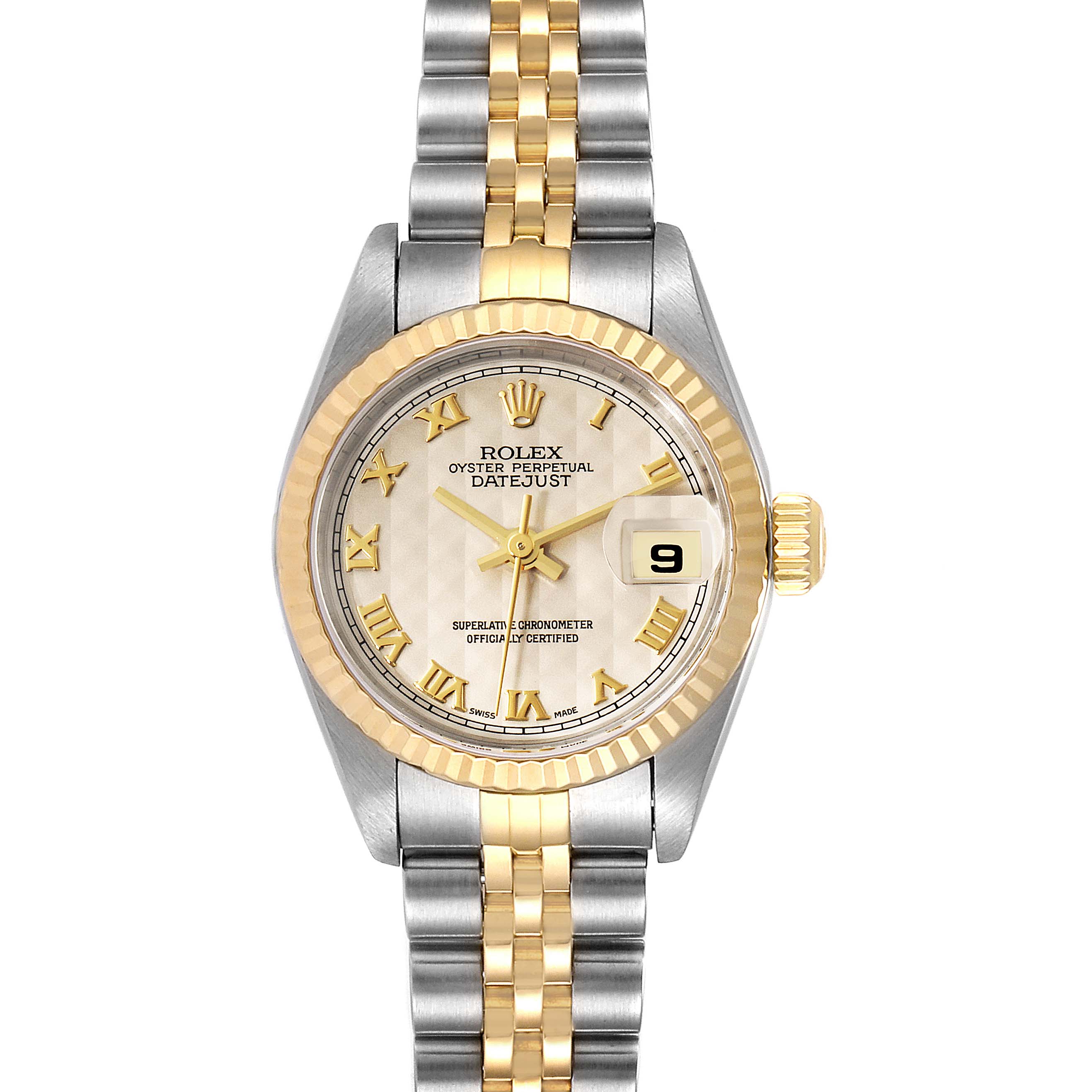 This image shows a front view of a Rolex Datejust 79173 Women's Steel and Gold (two tone) Beige Dial 79173 Women's Steel and Gold (two tone) Beige Dial watch, highlighting its two-tone bracelet, dial, and date window.