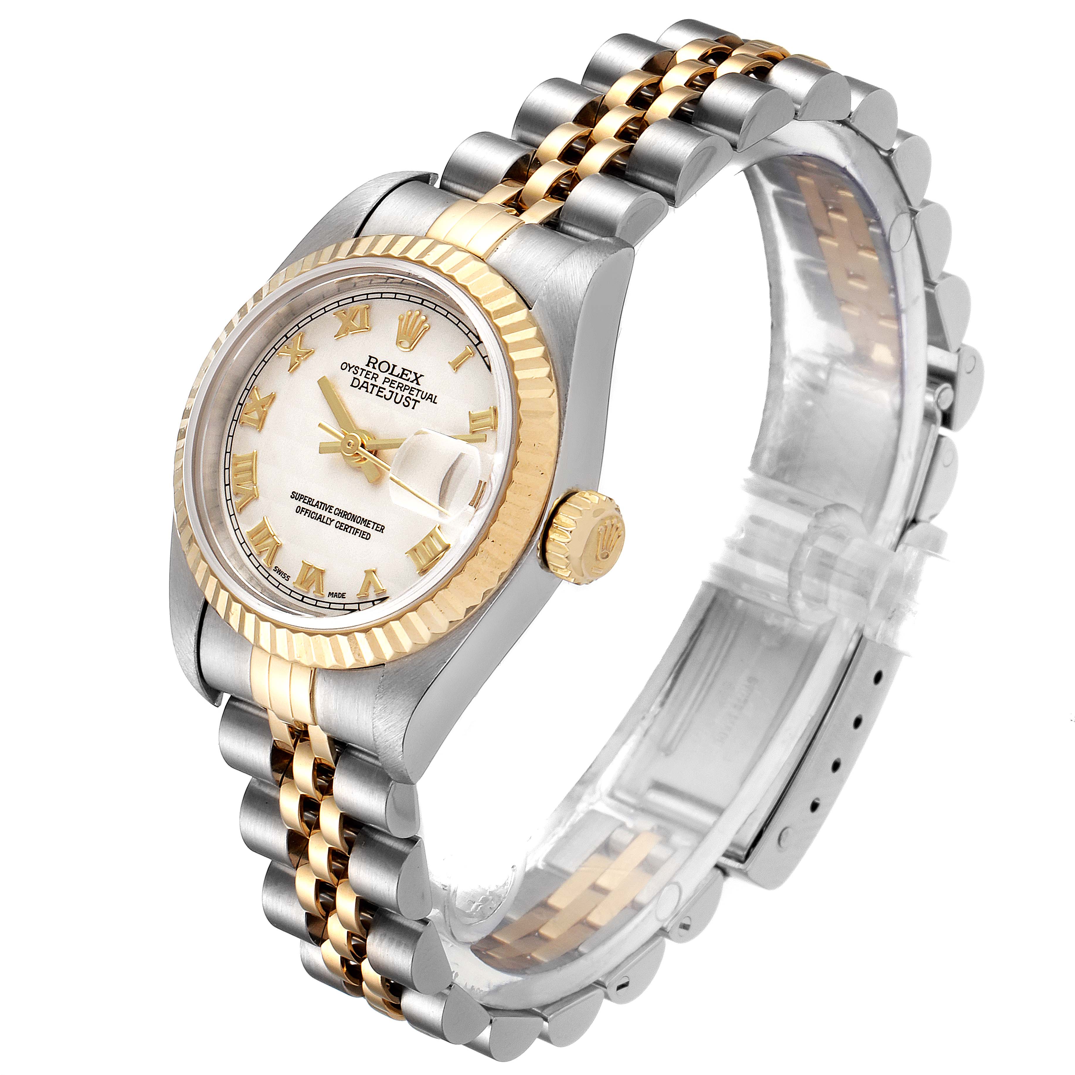 This Rolex Datejust 79173 Women's Steel and Gold (two tone) Beige Dial 79173 Women's Steel and Gold (two tone) Beige Dial watch is shown at a three-quarter angle, displaying its dial, bezel, crown, and bracelet.