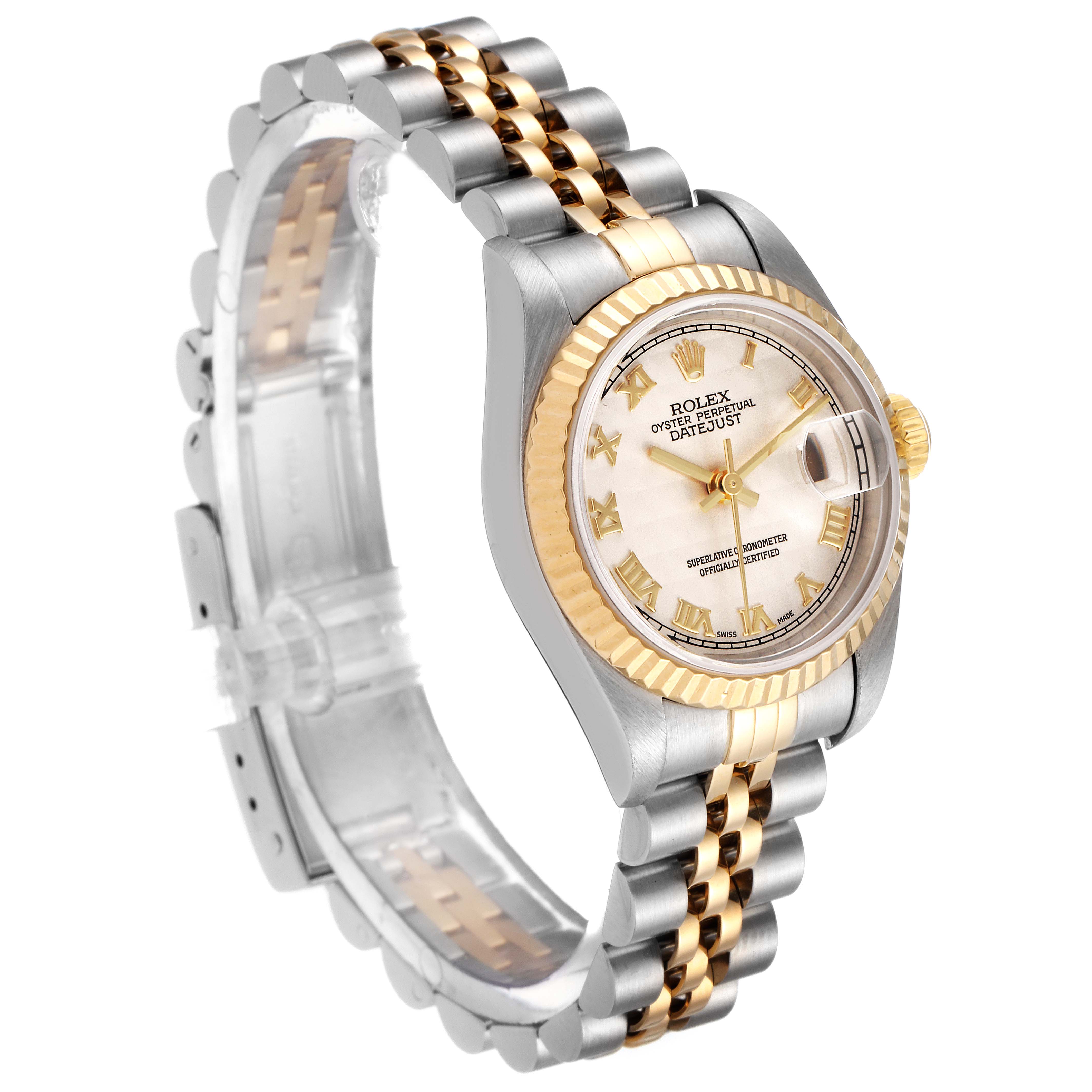 The image shows a Rolex Datejust 79173 Women's Steel and Gold (two tone) Beige Dial 79173 Women's Steel and Gold (two tone) Beige Dial watch at a three-quarter view, highlighting the dial, bezel, and jubilee bracelet.