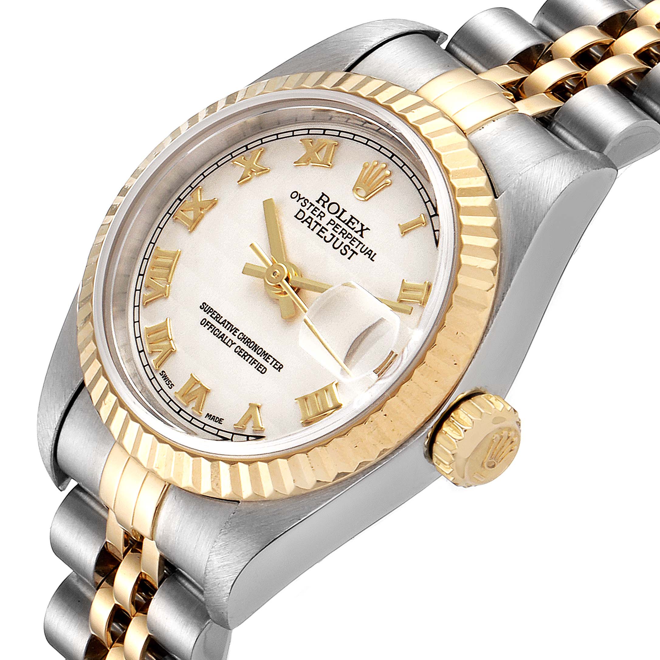 This angled view of the Rolex Datejust 79173 Women's Steel and Gold (two tone) Beige Dial 79173 Women's Steel and Gold (two tone) Beige Dial watch shows the face, bezel, crown, and part of the bracelet.