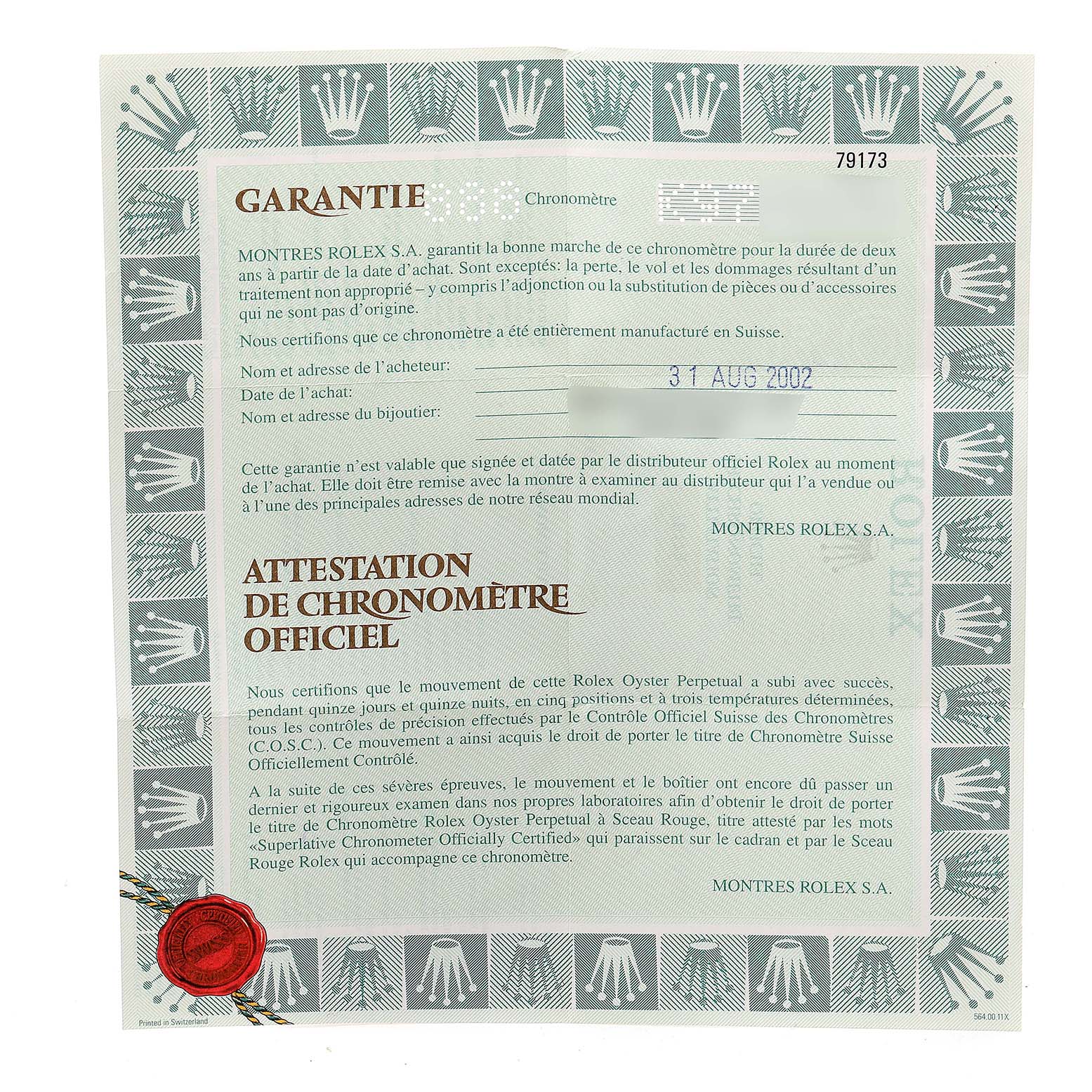 The image shows the warranty certificate and official chronometer certification for a Rolex Datejust 79173 Women's Steel and Gold (two tone) Beige Dial 79173 Women's Steel and Gold (two tone) Beige Dial model.