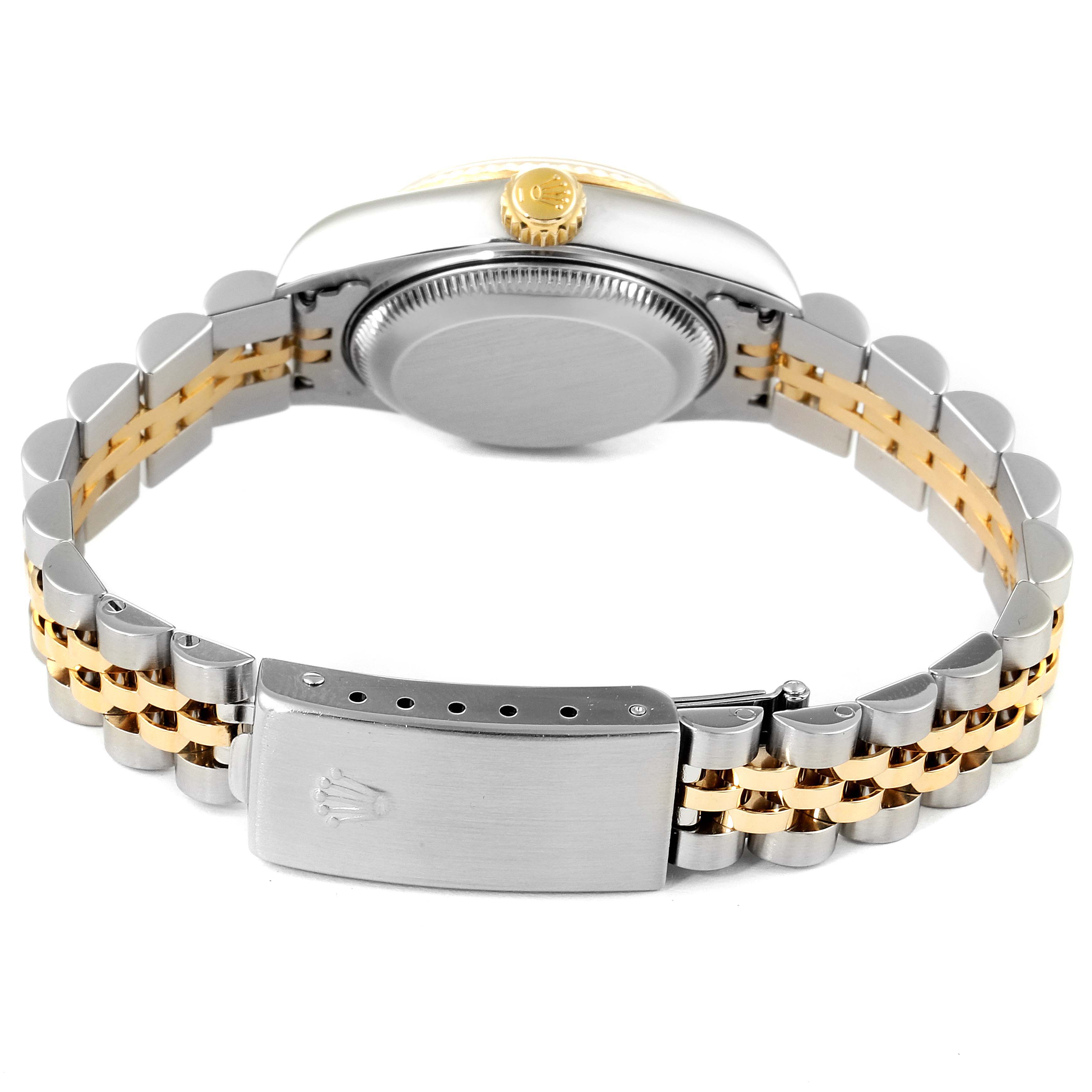 This image shows the back and side view of a Rolex Datejust 79173 Women's Steel and Gold (two tone) Beige Dial 79173 Women's Steel and Gold (two tone) Beige Dial watch, emphasizing the bracelet, clasp, crown, and case back.