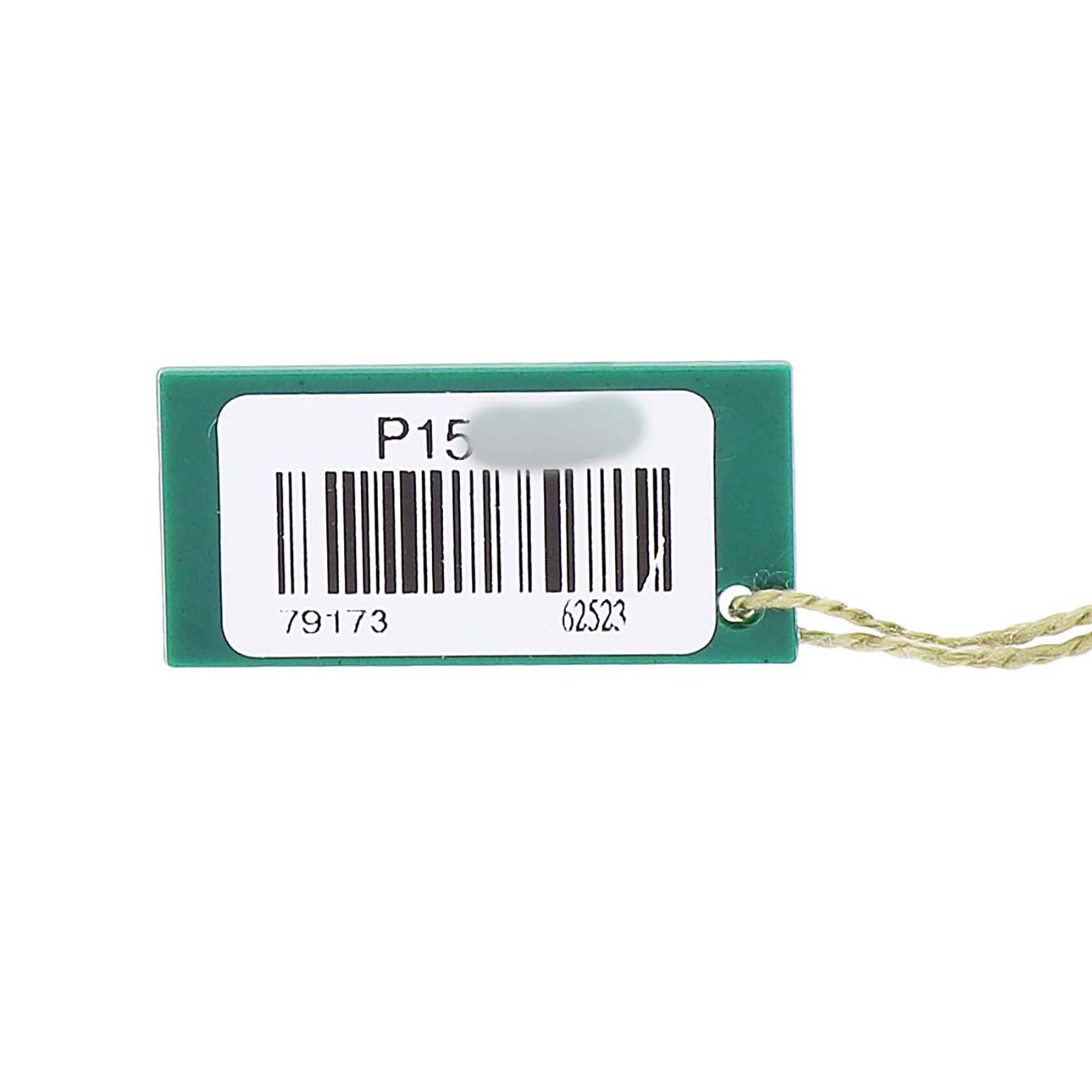 This image shows a Rolex Datejust 79173 Women's Steel and Gold (two tone) Silver Dial model accessory, specifically a green tag with a barcode and string attached.