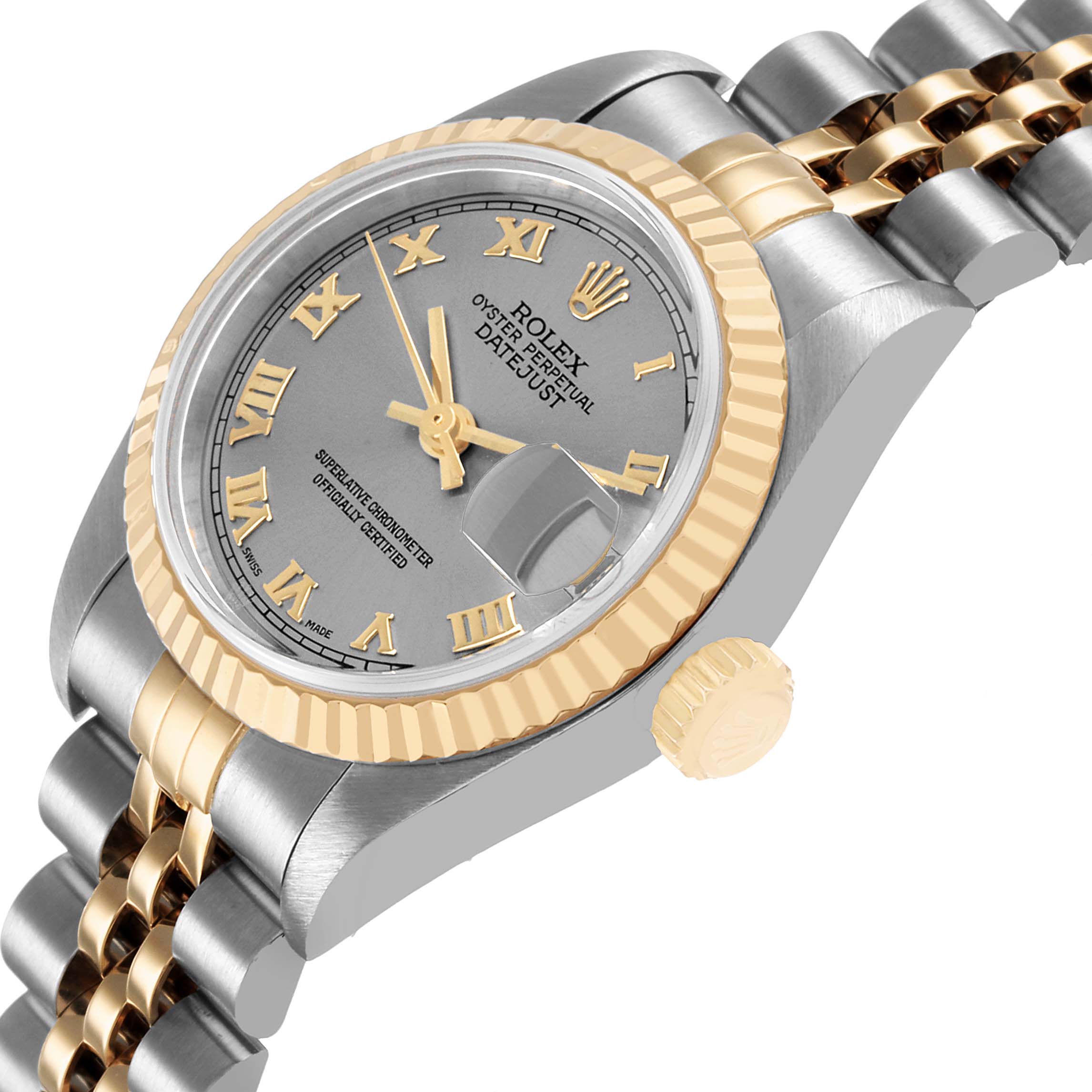 The image shows a Rolex Datejust 79173 Women's Steel and Gold (two tone) Silver Dial at a three-quarter angle, highlighting the bezel, dial, crown, and part of the bracelet.