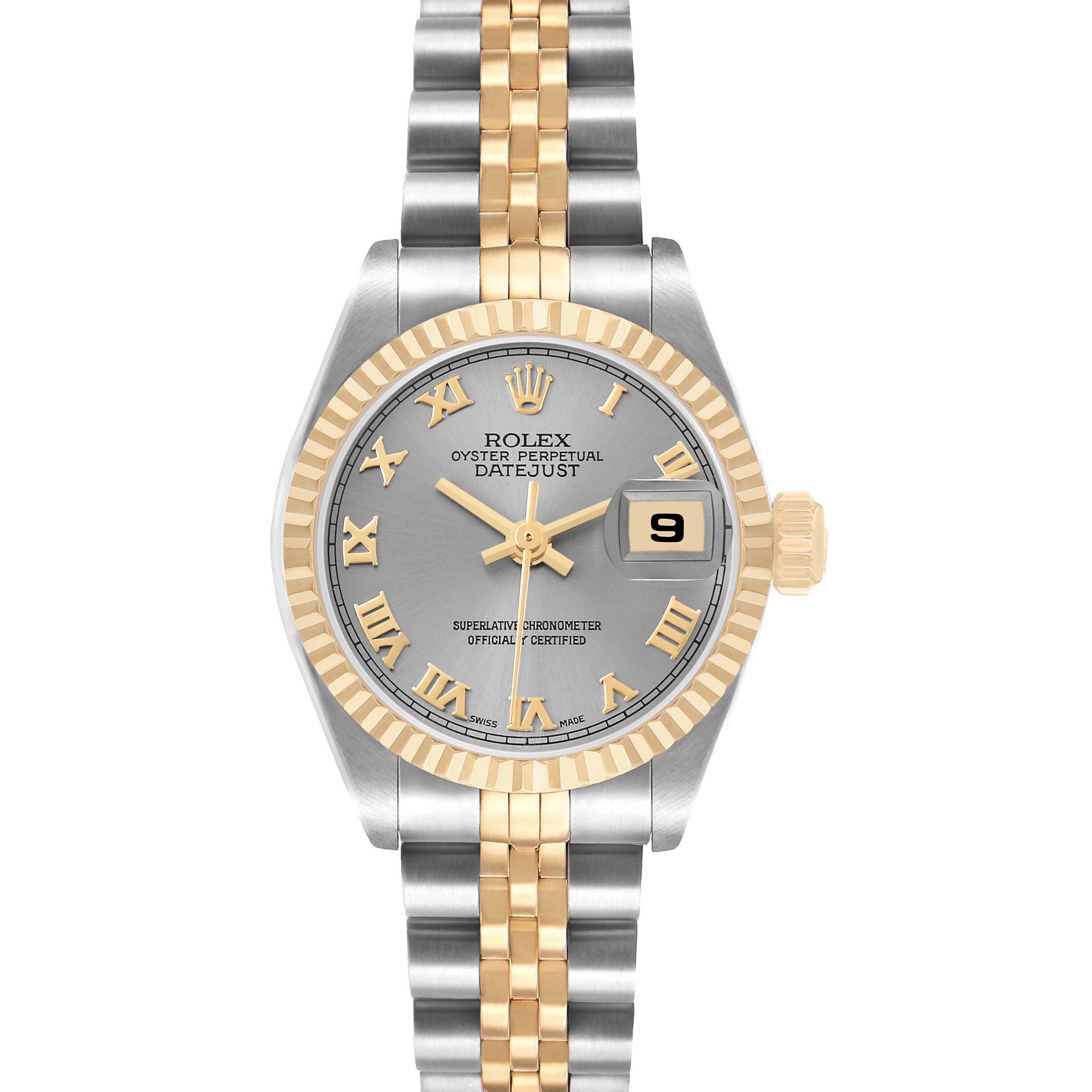 The Rolex Datejust 79173 Women's Steel and Gold (two tone) Silver Dial watch is shown from the front, displaying the dial, bezel, bracelet, and date function.