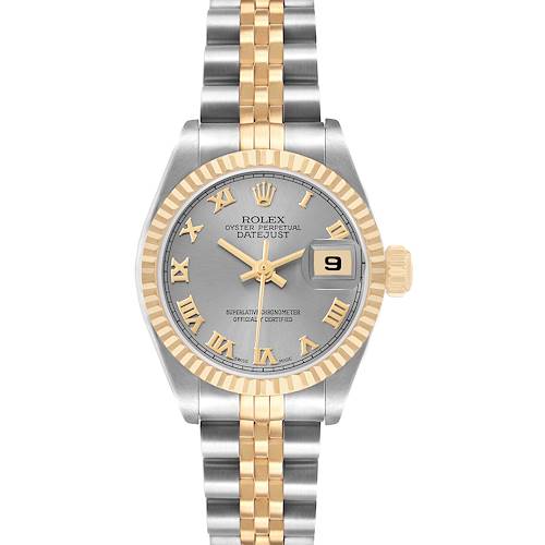 The Rolex Datejust 79173 Women's Steel and Gold (two tone) Silver Dial watch is shown from a front view, highlighting its dial, bezel, and dual-tone bracelet.