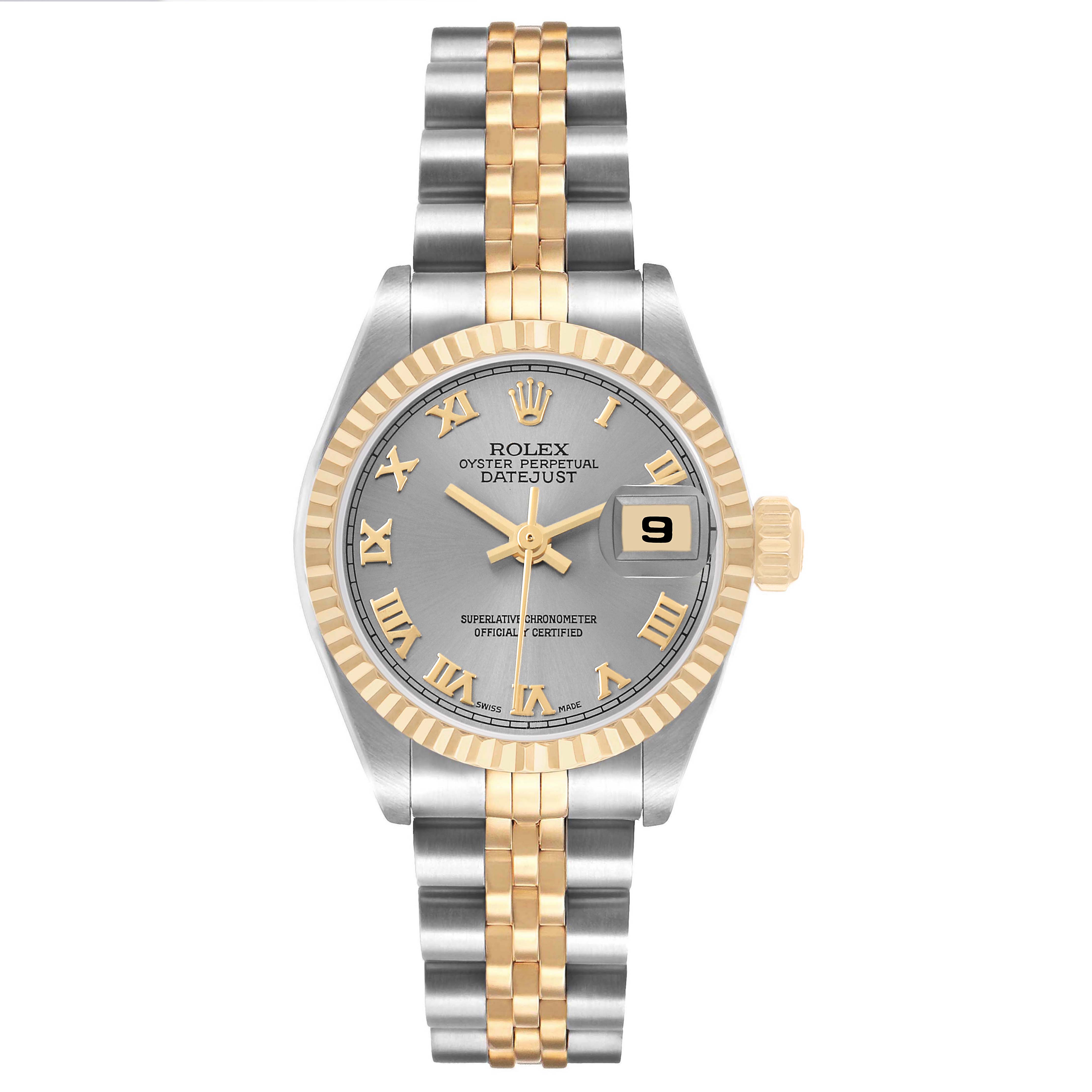 The Rolex Datejust 79173 Women's Steel and Gold (two tone) Silver Dial watch is shown from the front, displaying its face, bezel, and bracelet.