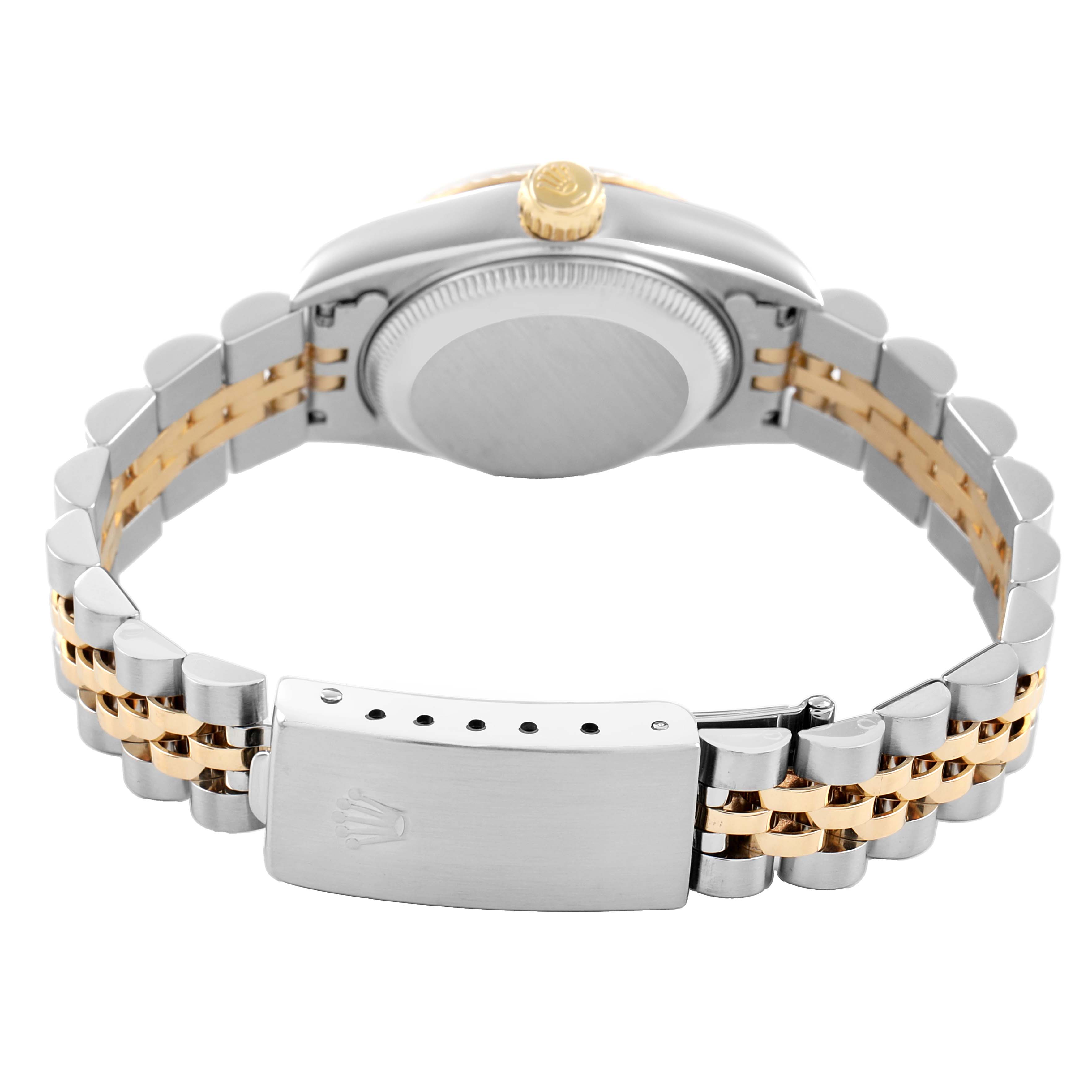 The image shows the back view of a Rolex Datejust 79173 Women's Steel and Gold (two tone) Silver Dial watch, highlighting the bracelet and clasp.