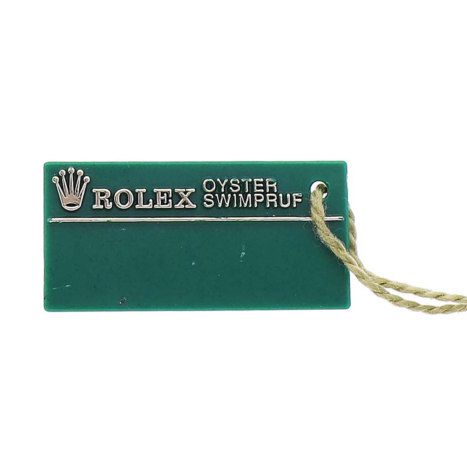 The image shows a green tag labeled "Rolex Oyster Swimpruf," likely an accessory for a Rolex Datejust 79173 Women's Steel and Gold (two tone) Silver Dial watch.