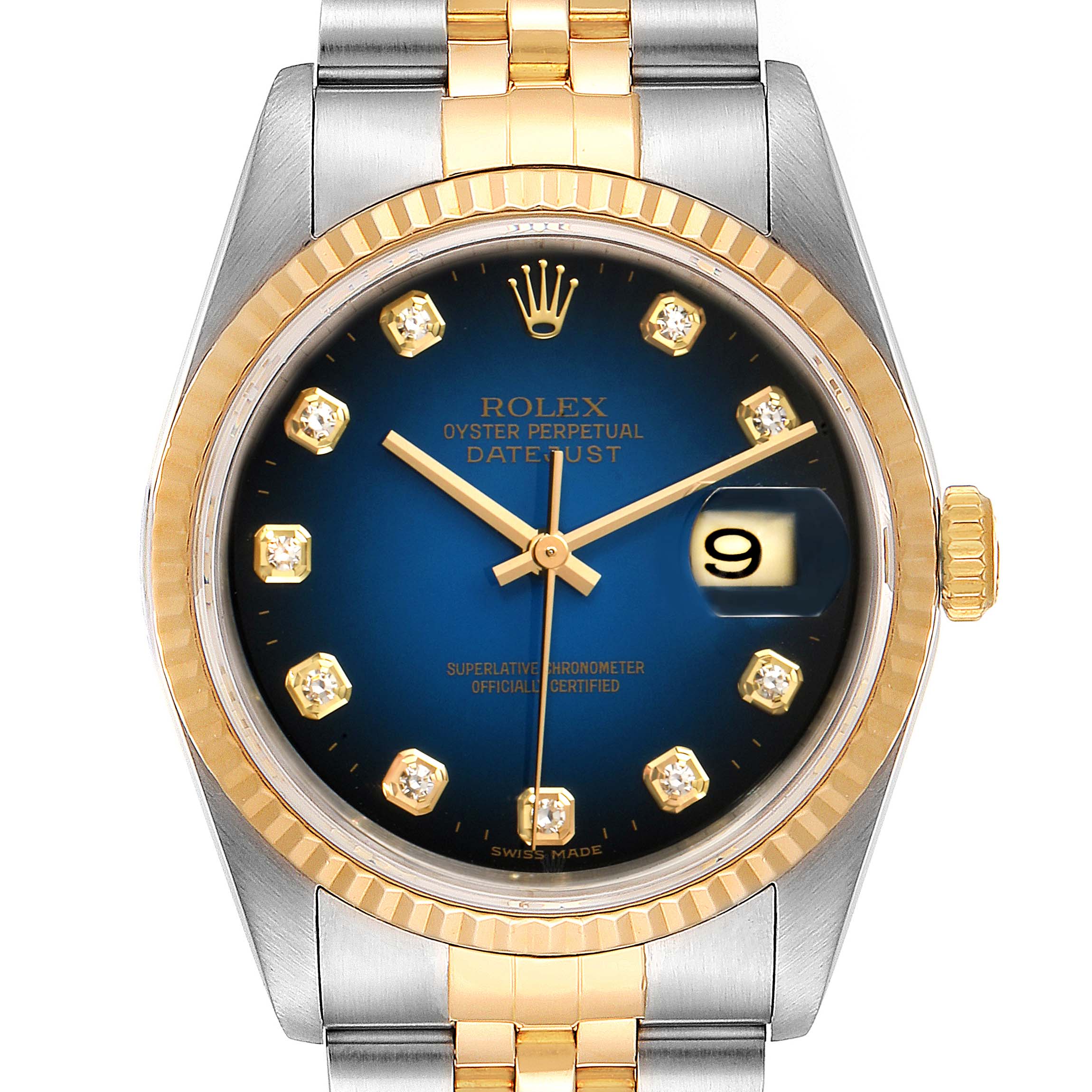 This image shows a front view of the Rolex Datejust 16233 Men's Steel and Gold (two tone) Blue Dial 16233 Men's Steel and Gold (two tone) Blue Dial watch, featuring a blue dial, diamond hour markers, and a two-tone metal bracelet.