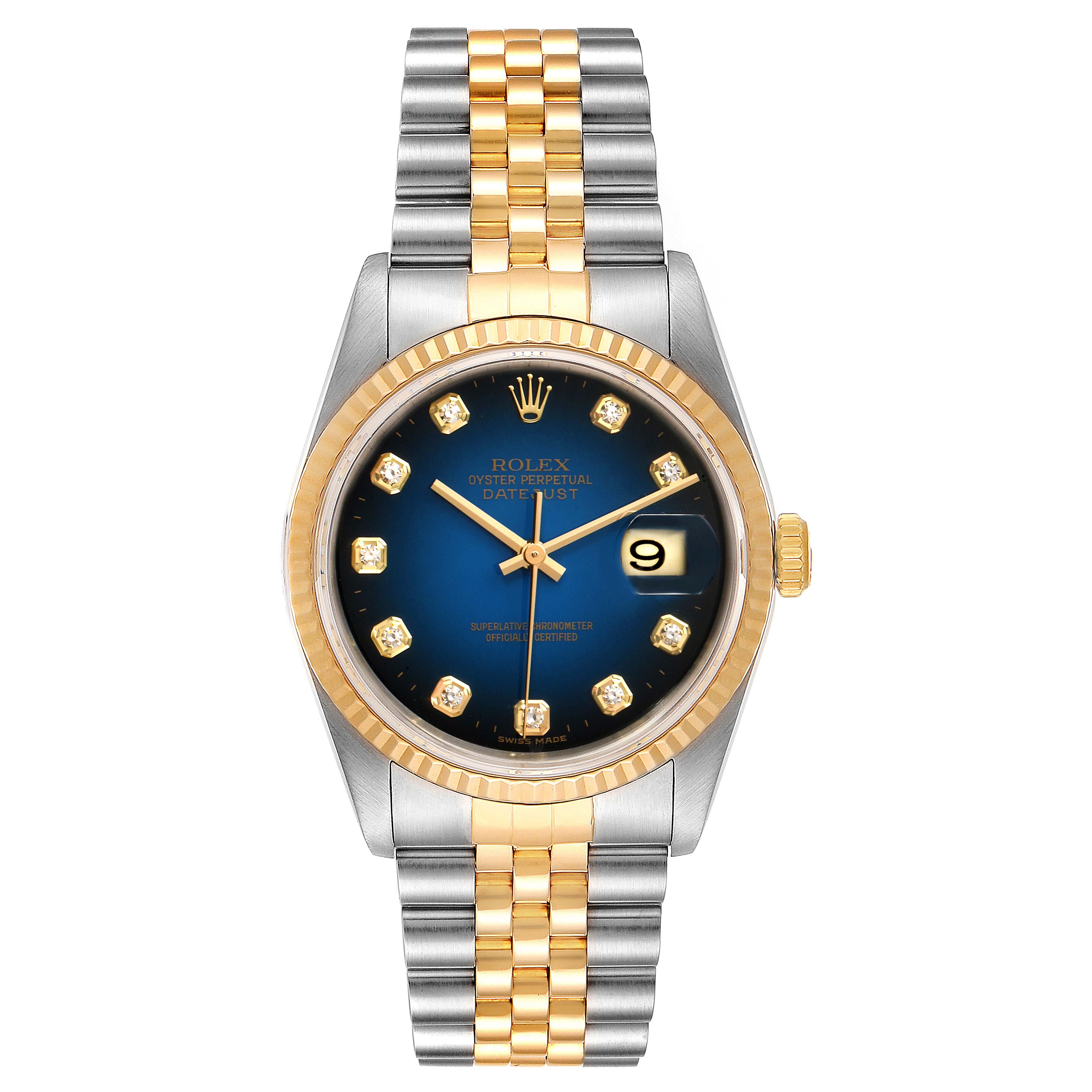 This image shows a Rolex Datejust 16233 Men's Steel and Gold (two tone) Blue Dial 16233 Men's Steel and Gold (two tone) Blue Dial watch from a front angle, highlighting its blue dial, date window, and two-tone bracelet.