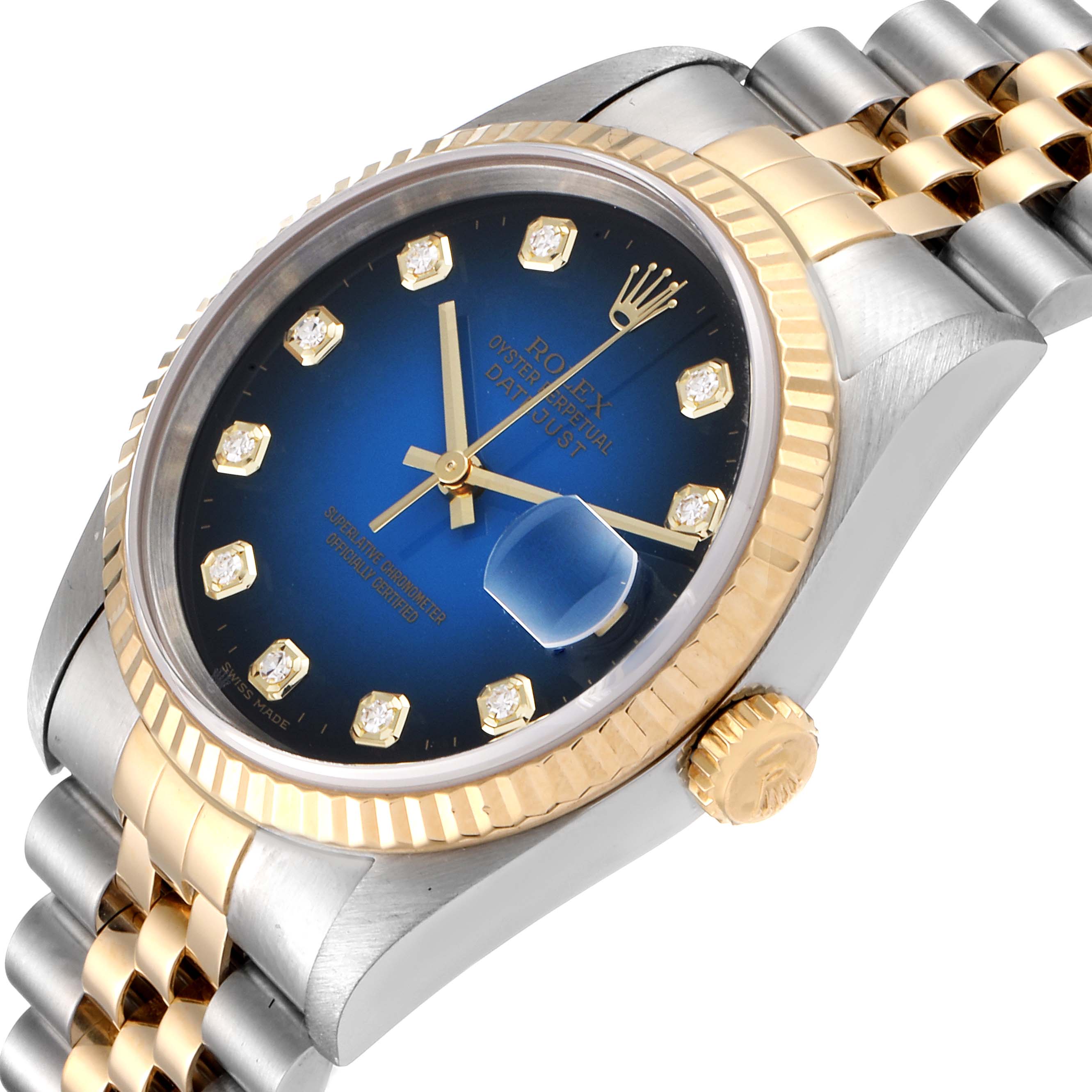 This image shows a close-up angle of a Rolex Datejust 16233 Men's Steel and Gold (two tone) Blue Dial 16233 Men's Steel and Gold (two tone) Blue Dial watch, highlighting its blue dial, diamond markers, fluted bezel, and two-tone bracelet.