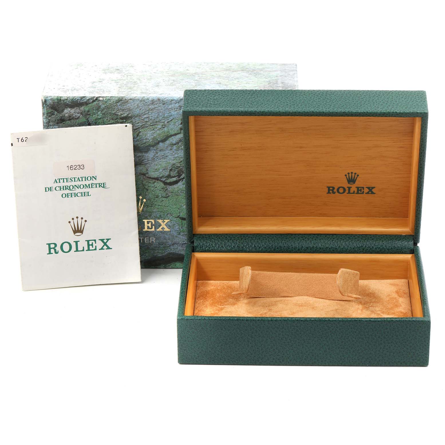 This image shows the open box and certification papers for the Rolex Datejust 16233 Men's Steel and Gold (two tone) Blue Dial 16233 Men's Steel and Gold (two tone) Blue Dial watch.