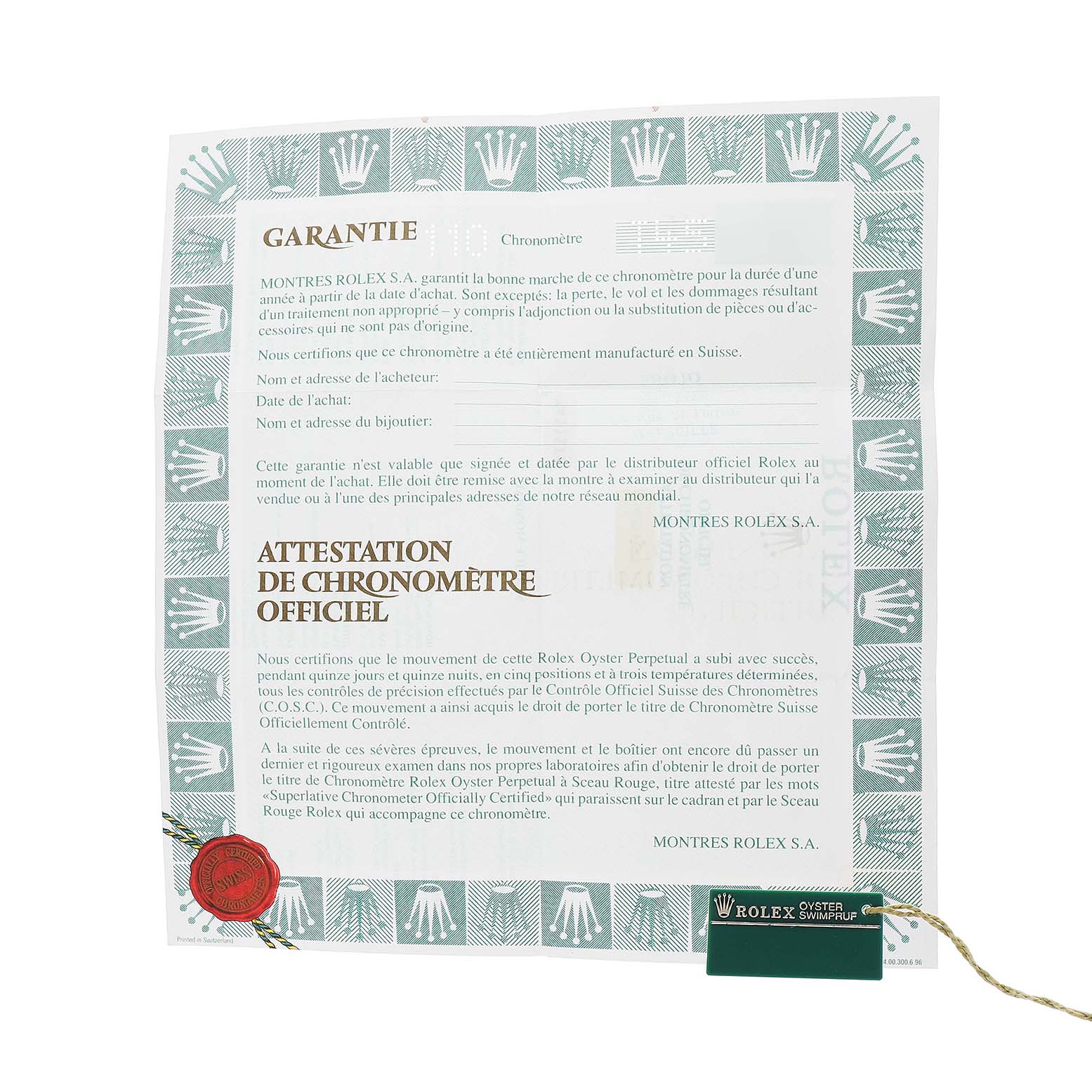 The image shows the warranty and chronometer certification for a Rolex Datejust 69163 Women's Steel and Gold (two tone) White Dial, including a green tag.