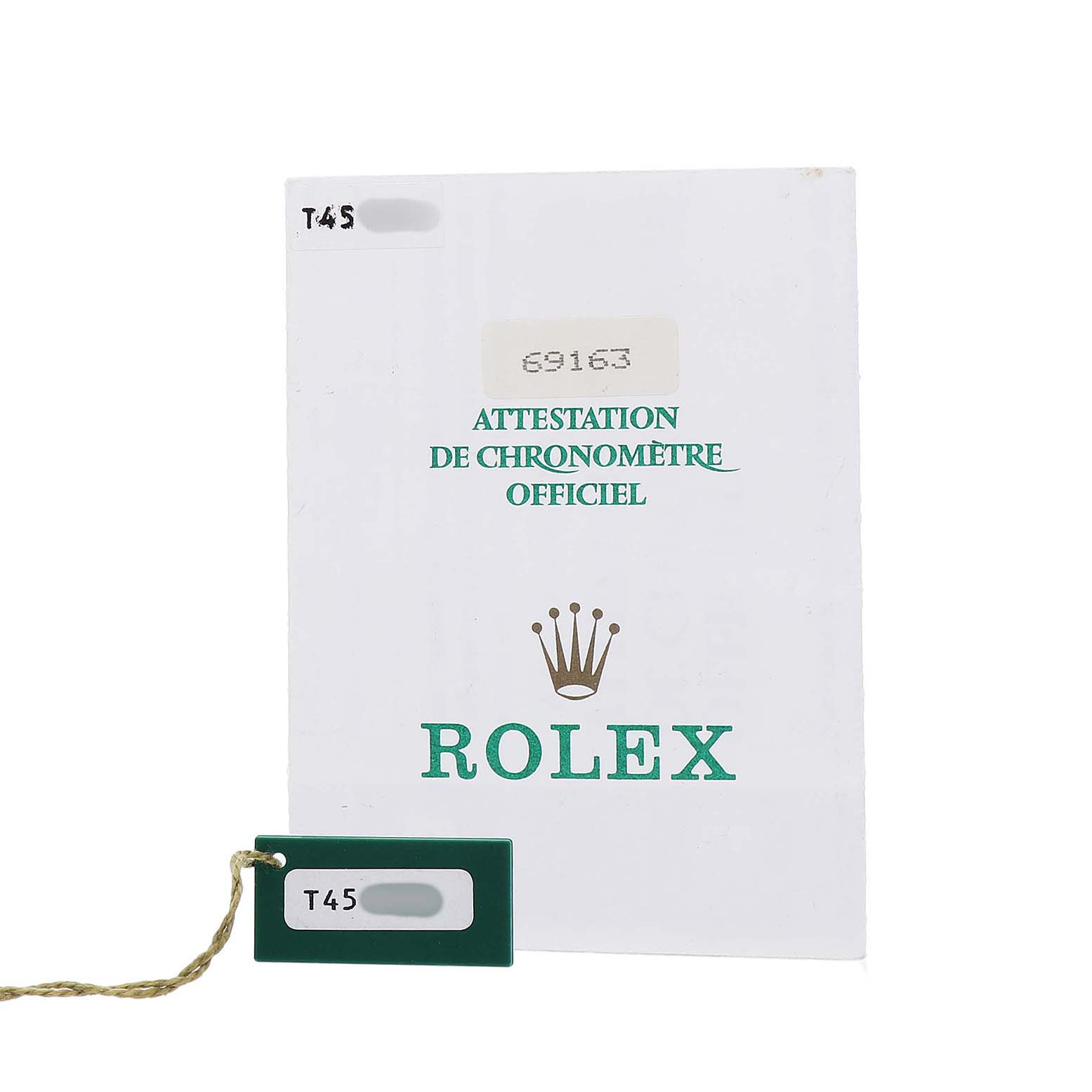 The image shows a Rolex Datejust 69163 Women's Steel and Gold (two tone) White Dial chronometer certificate and a green tag with a string.