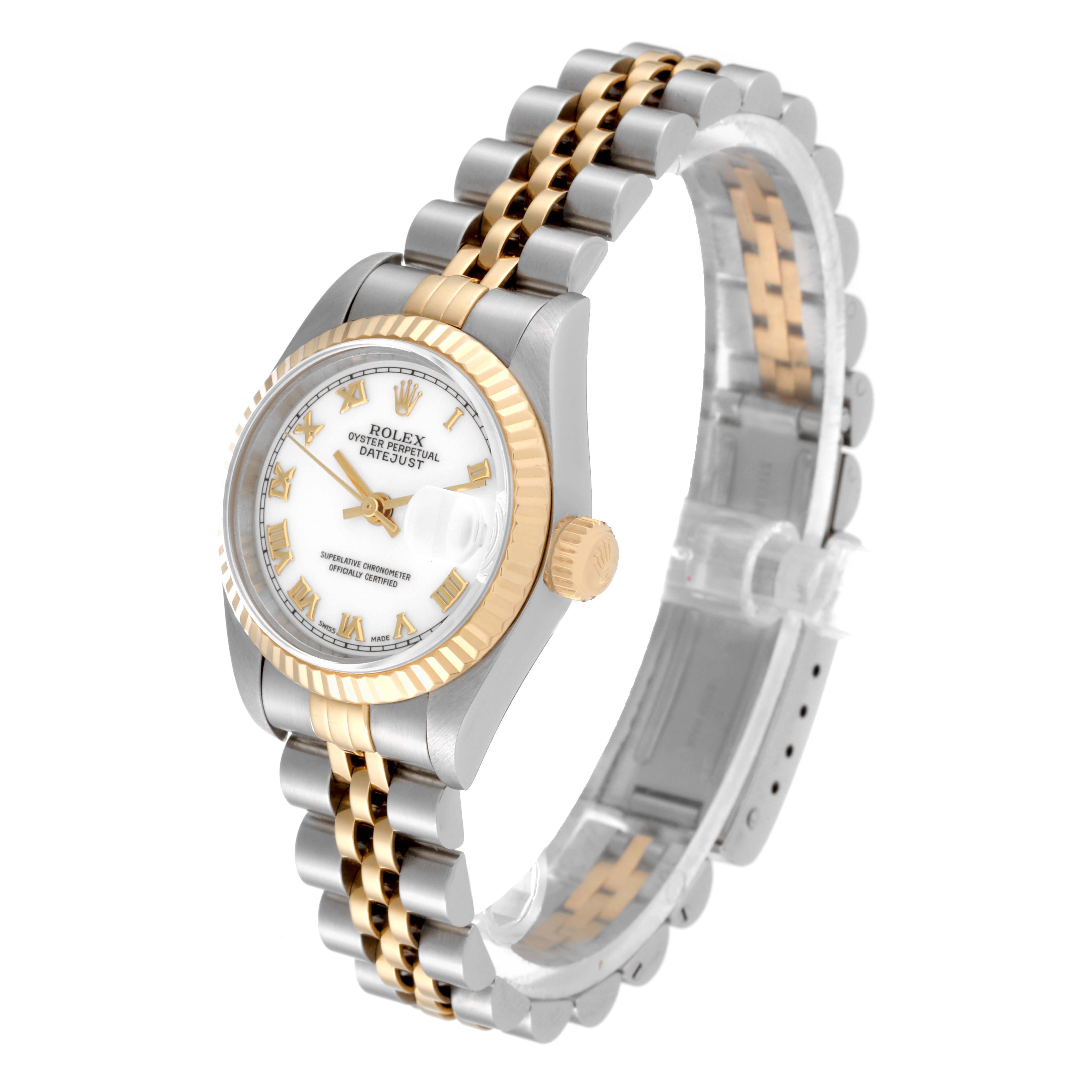 The image shows a Rolex Datejust 69173 Women's Steel and Gold (two tone) White Dial 69173 Women's Steel and Gold (two tone) White Dial watch at a three-quarter angle, highlighting the dial, bezel, crown, and the two-tone bracelet.