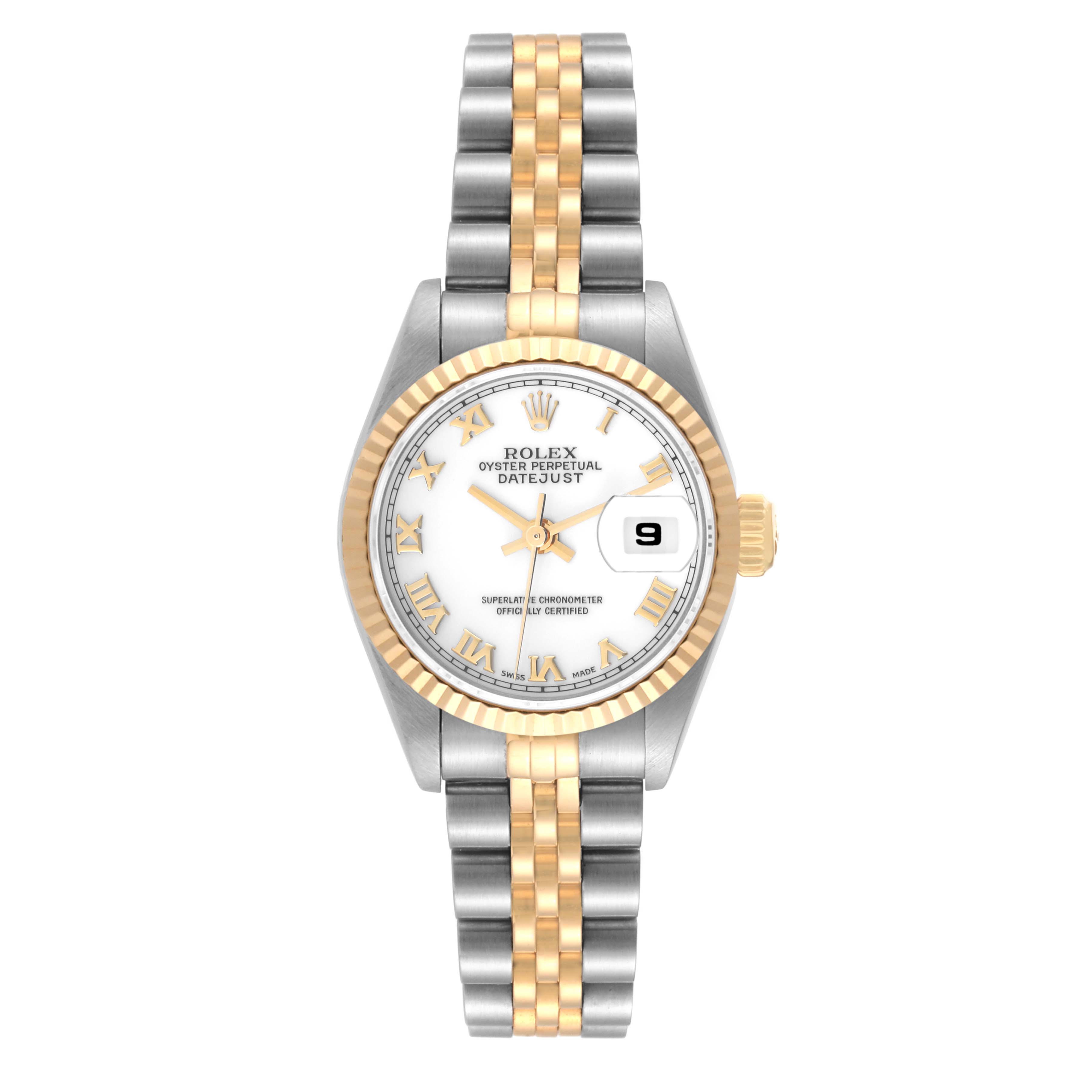 This image shows a frontal view of the Rolex Datejust 69173 Women's Steel and Gold (two tone) White Dial 69173 Women's Steel and Gold (two tone) White Dial watch, highlighting its dial, bezel, and bi-metal bracelet.