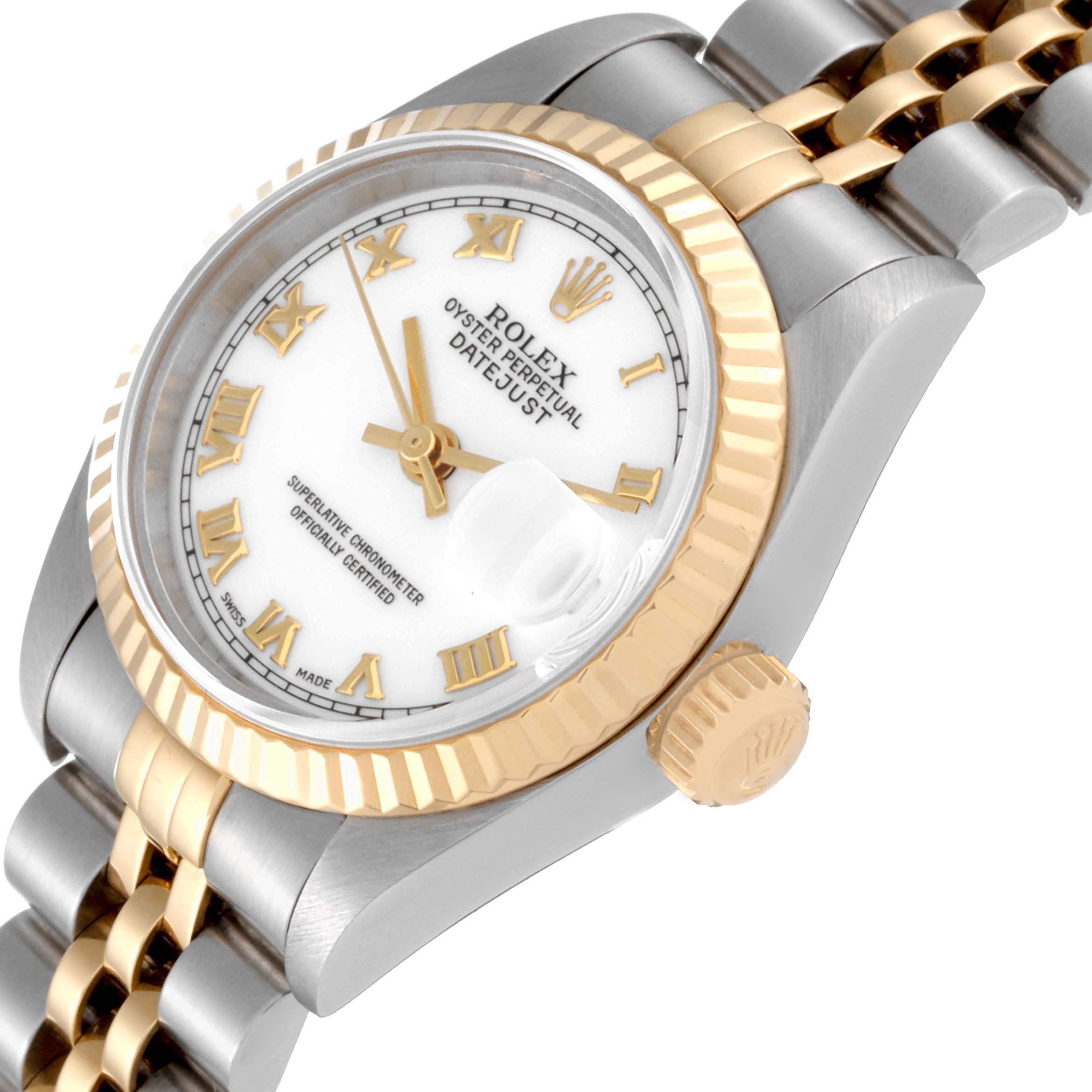 The image shows a Rolex Datejust 69173 Women's Steel and Gold (two tone) White Dial 69173 Women's Steel and Gold (two tone) White Dial watch from an oblique angle, highlighting the dial, crown, and partially the bracelet.
