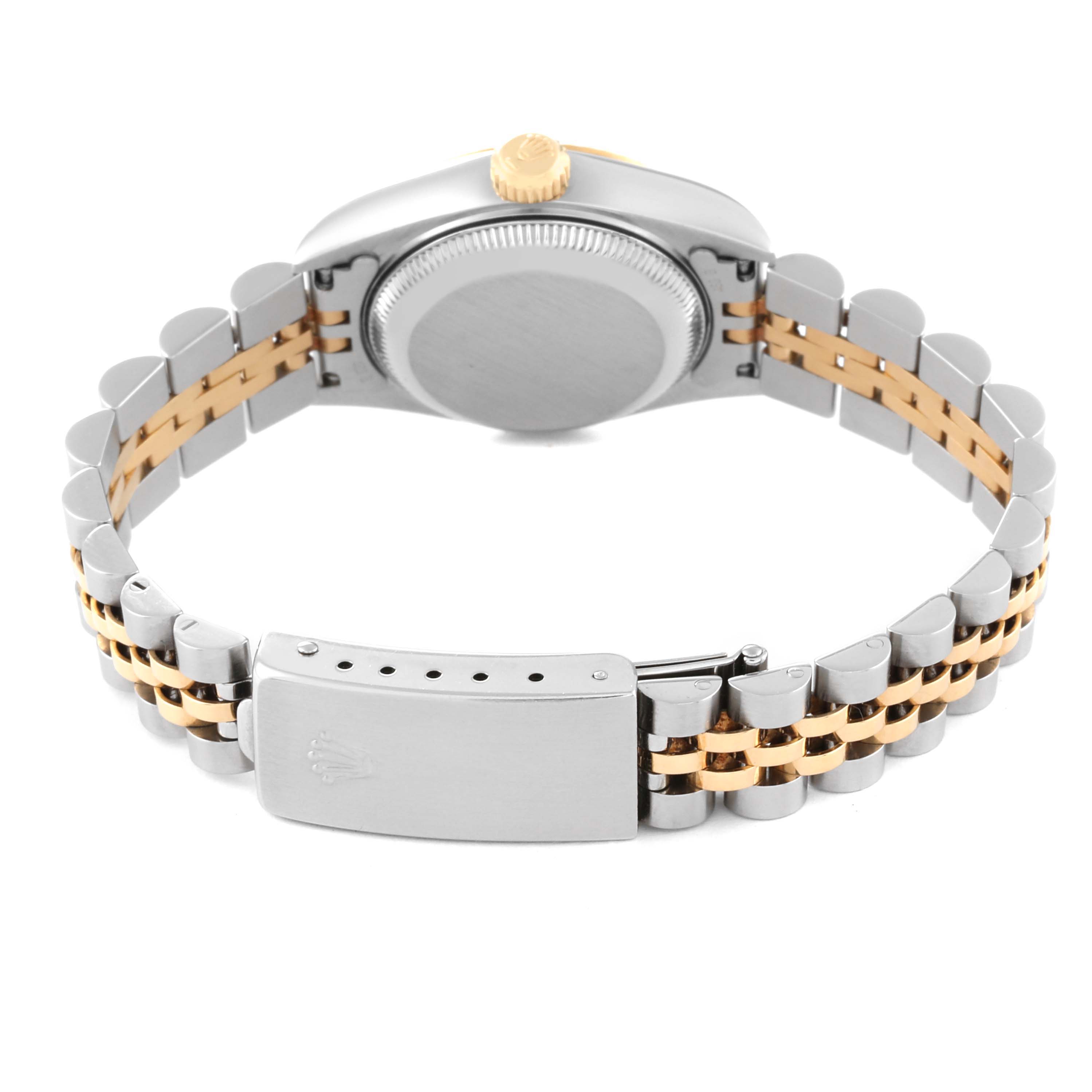 The image shows the back view of a Rolex Datejust 69173 Women's Steel and Gold (two tone) White Dial 69173 Women's Steel and Gold (two tone) White Dial watch, featuring its bracelet and clasp.