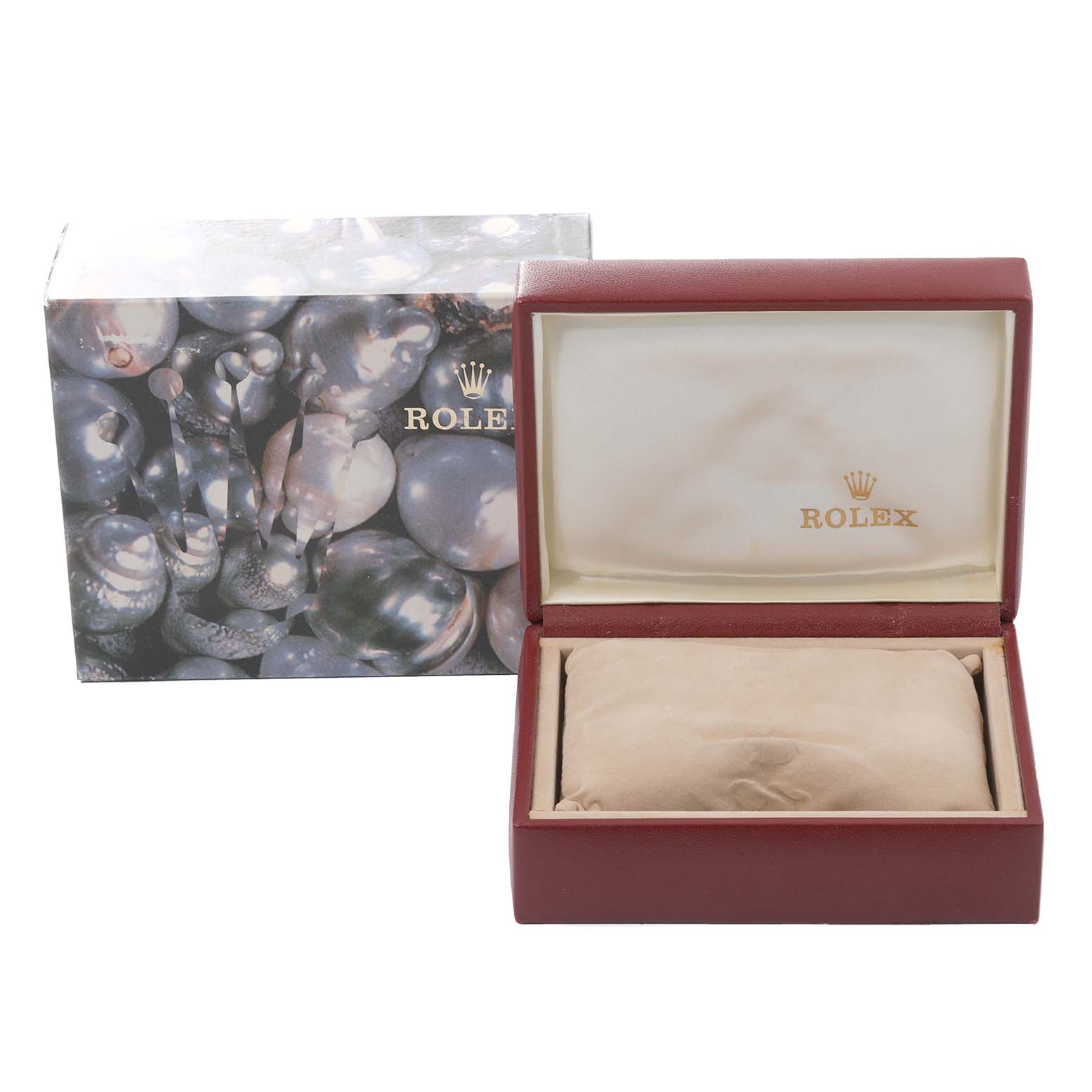 The image shows the packaging of a Rolex Datejust 69173 Women's Steel and Gold (two tone) White Dial 69173 Women's Steel and Gold (two tone) White Dial watch, including the outer box and an opened inner box with a cushion.