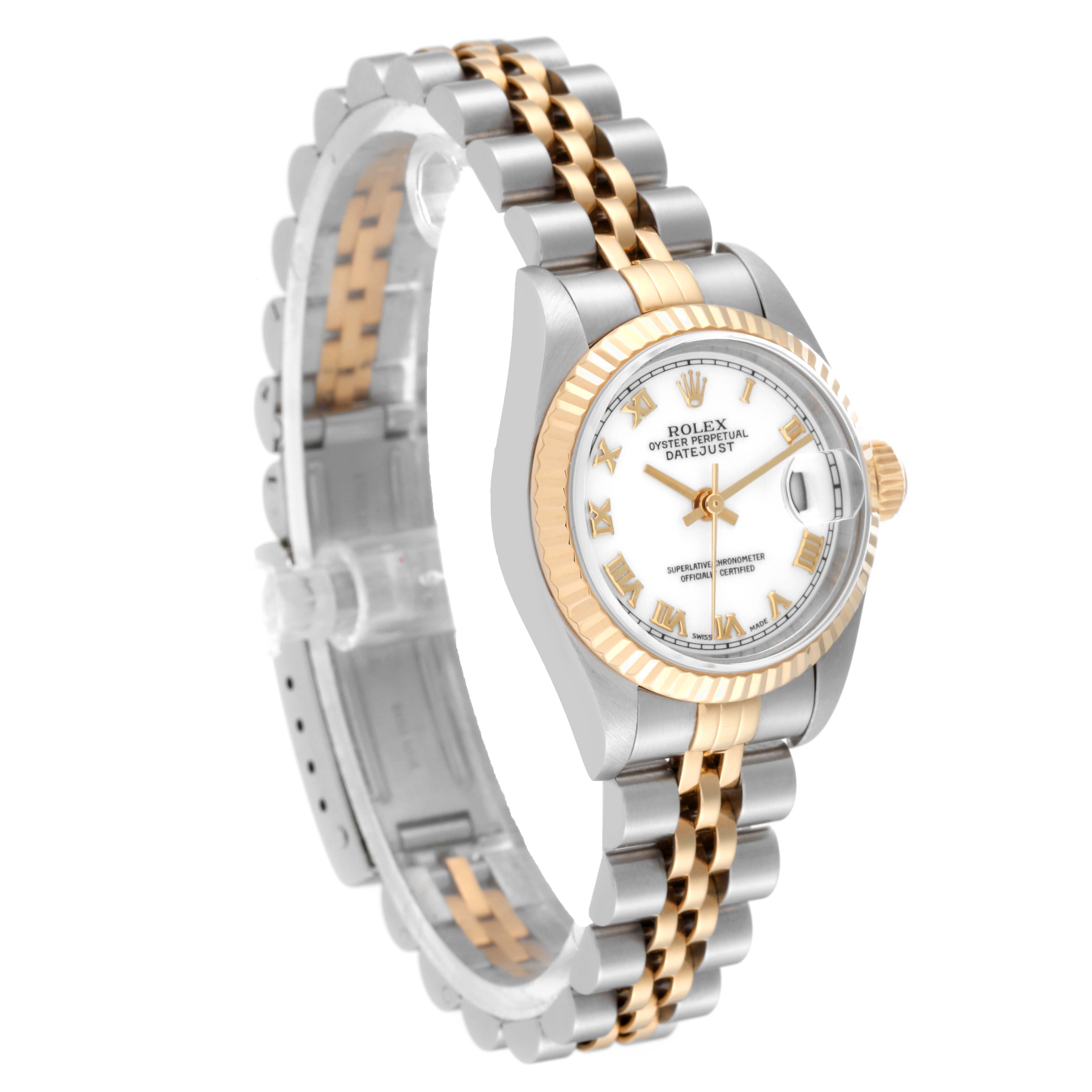 The image shows a Rolex Datejust 69173 Women's Steel and Gold (two tone) White Dial 69173 Women's Steel and Gold (two tone) White Dial watch at a three-quarter angle, highlighting its two-tone bracelet and white dial.