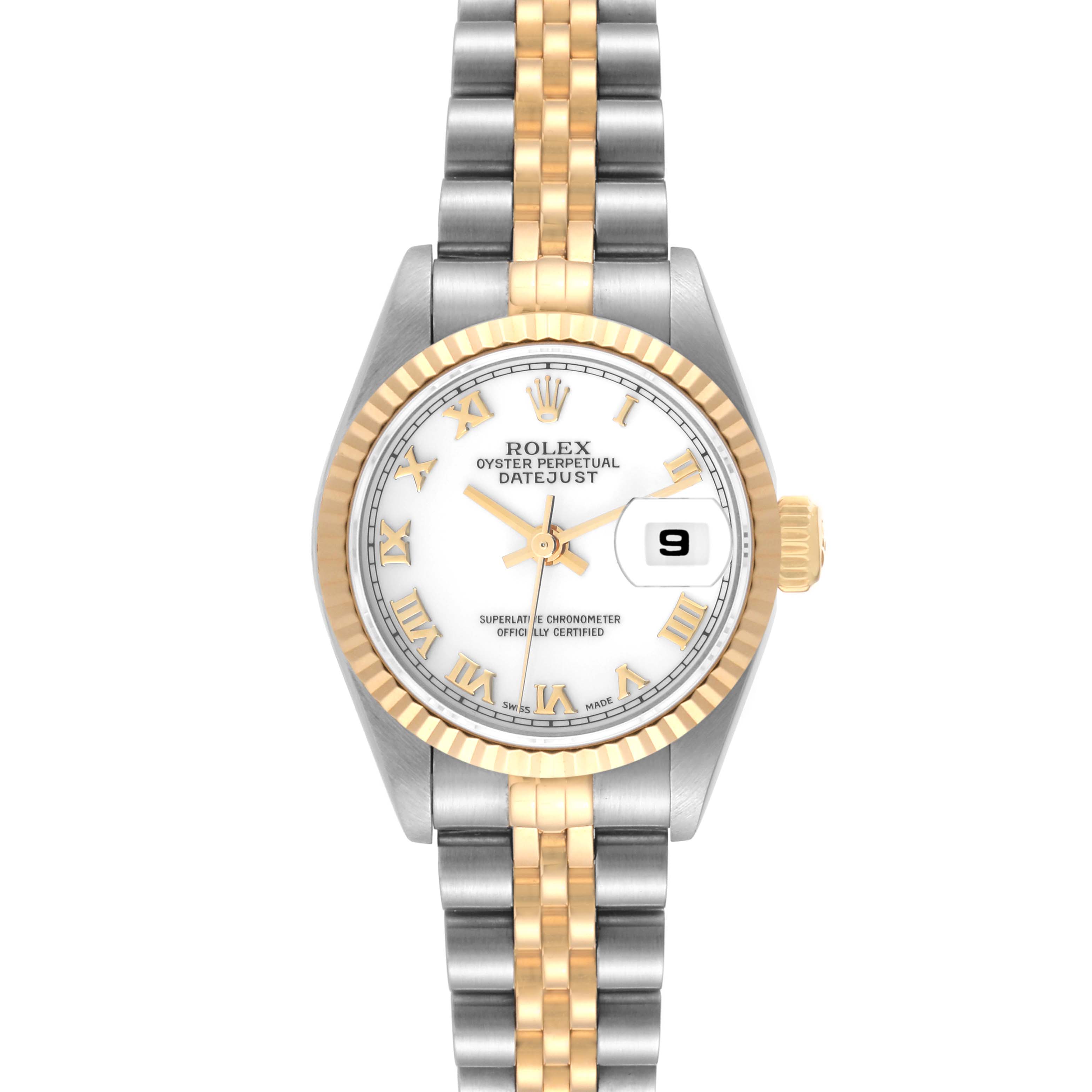The image shows a Rolex Datejust 69173 Women's Steel and Gold (two tone) White Dial 69173 Women's Steel and Gold (two tone) White Dial watch from a front angle, highlighting the dial, bezel, and bracelet.