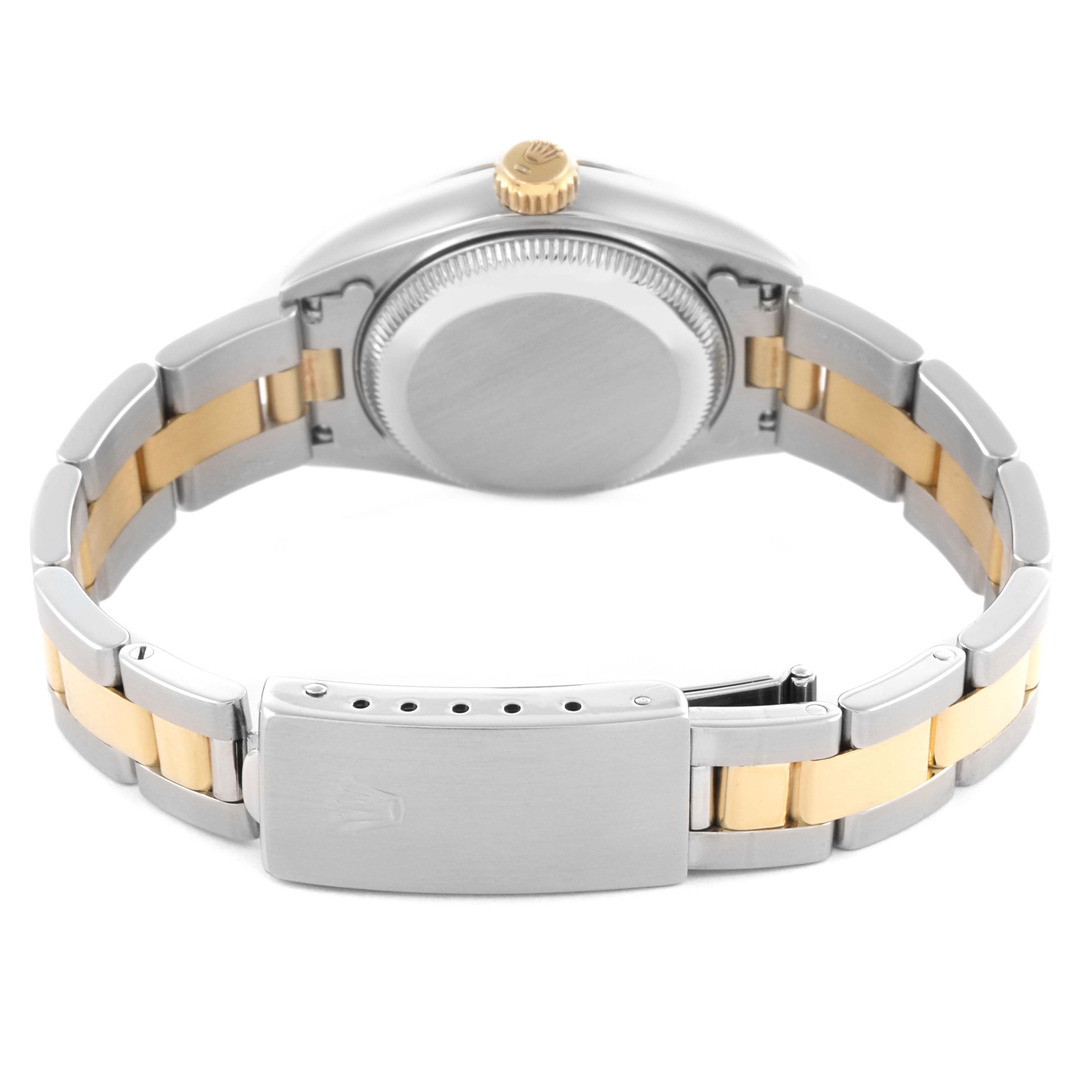 The image shows the back of a Rolex Datejust 69173 Women's Steel and Gold (two tone) White Dial 69173 Women's Steel and Gold (two tone) White Dial watch, highlighting the case back and bracelet clasp.