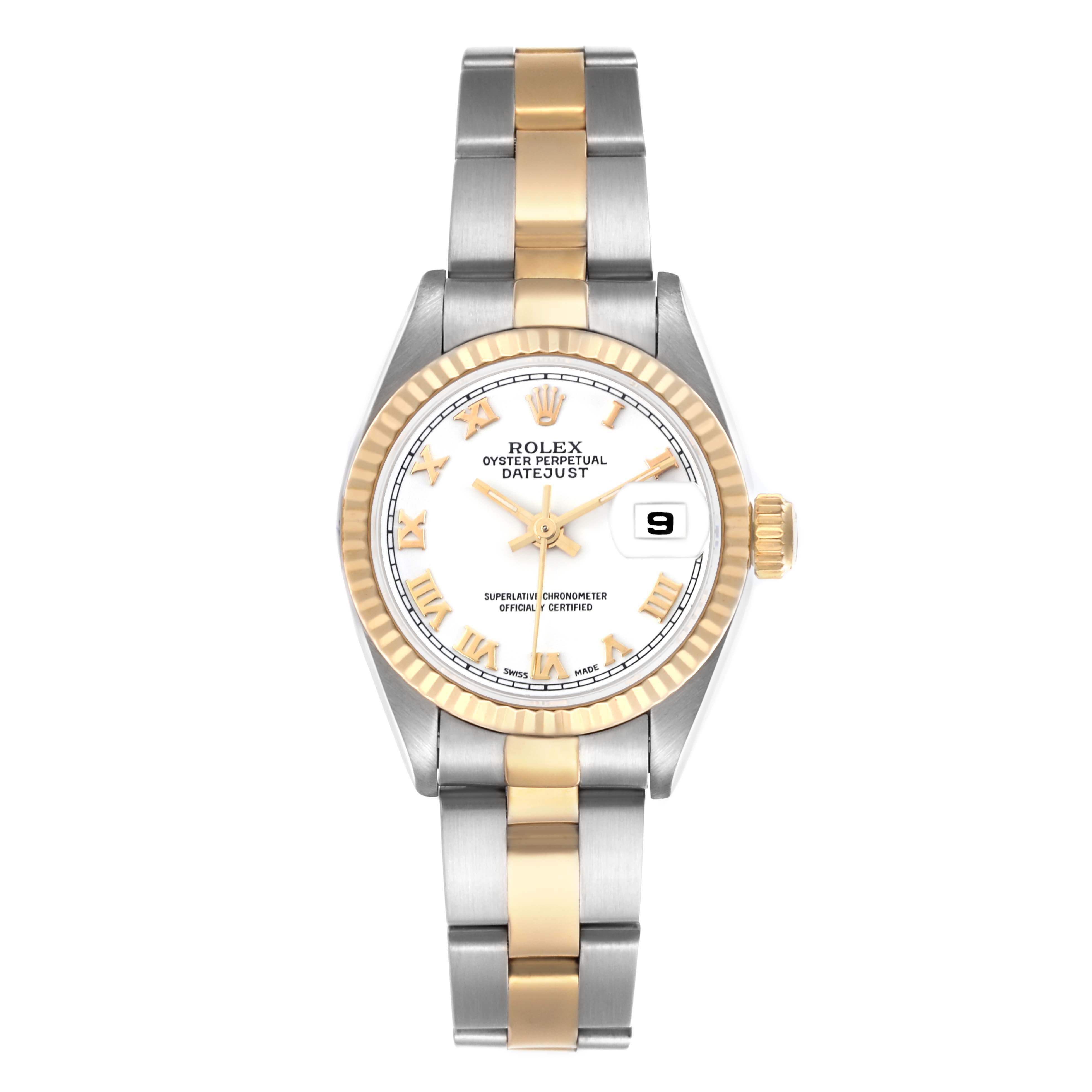 The Rolex Datejust 69173 Women's Steel and Gold (two tone) White Dial 69173 Women's Steel and Gold (two tone) White Dial watch is shown from a top view, highlighting the dial, bezel, and bracelet.