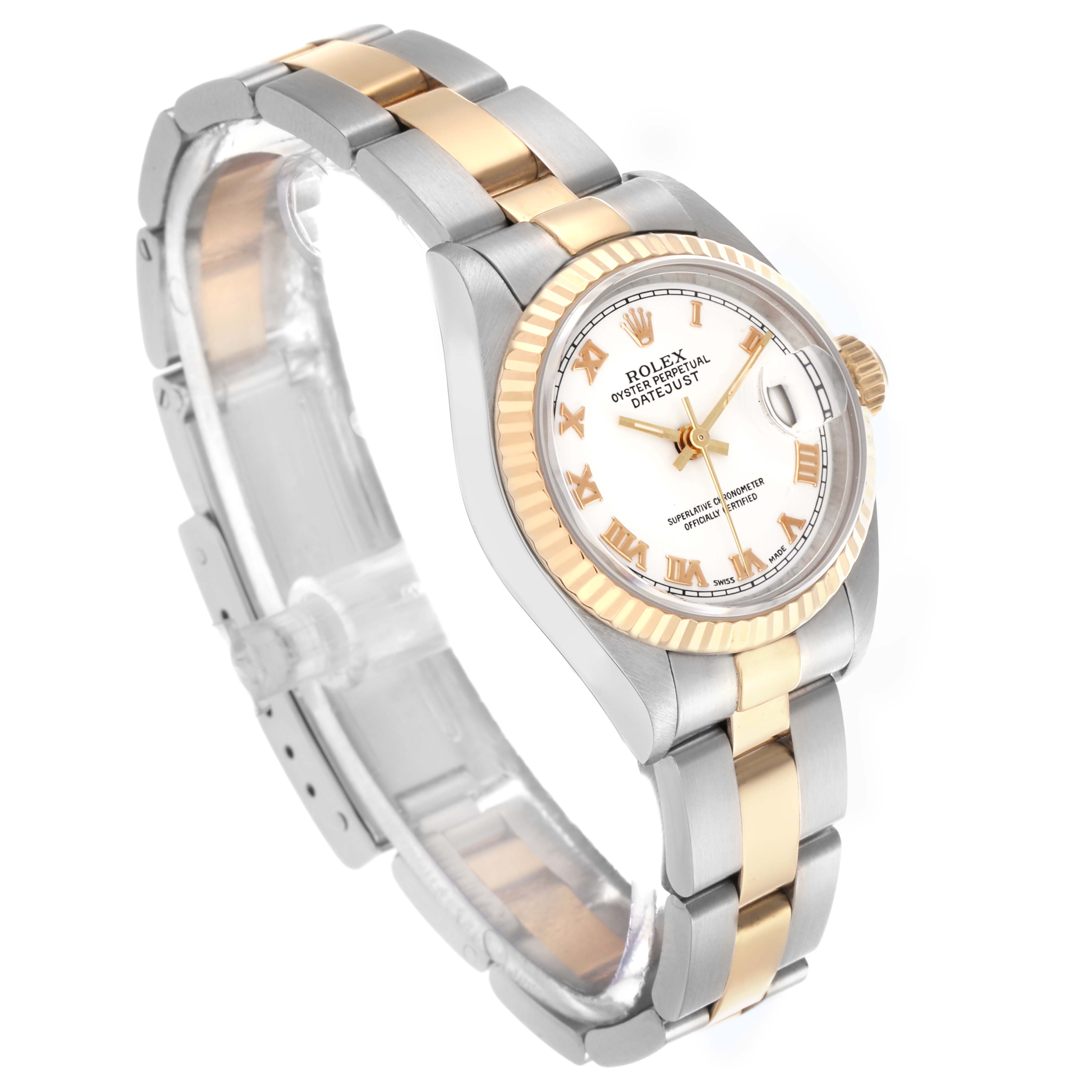 The Rolex Datejust 69173 Women's Steel and Gold (two tone) White Dial 69173 Women's Steel and Gold (two tone) White Dial watch is shown from a three-quarter angle, highlighting its bezel, dial, and two-tone bracelet.